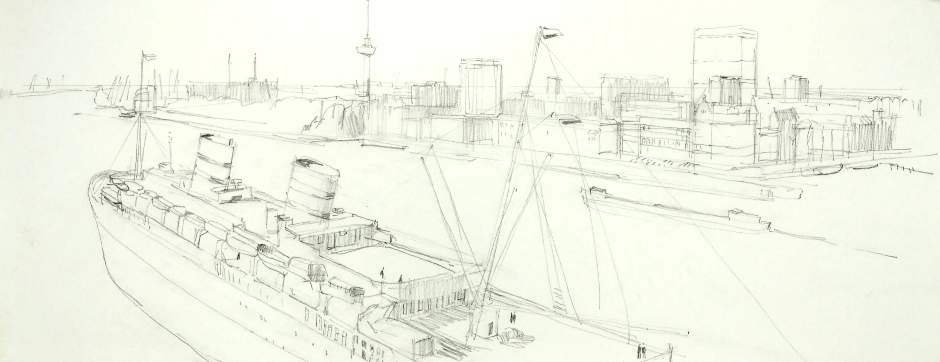 Pencil sketch of a large ship docked near an industrial cityscape with buildings and a tall tower in the background.