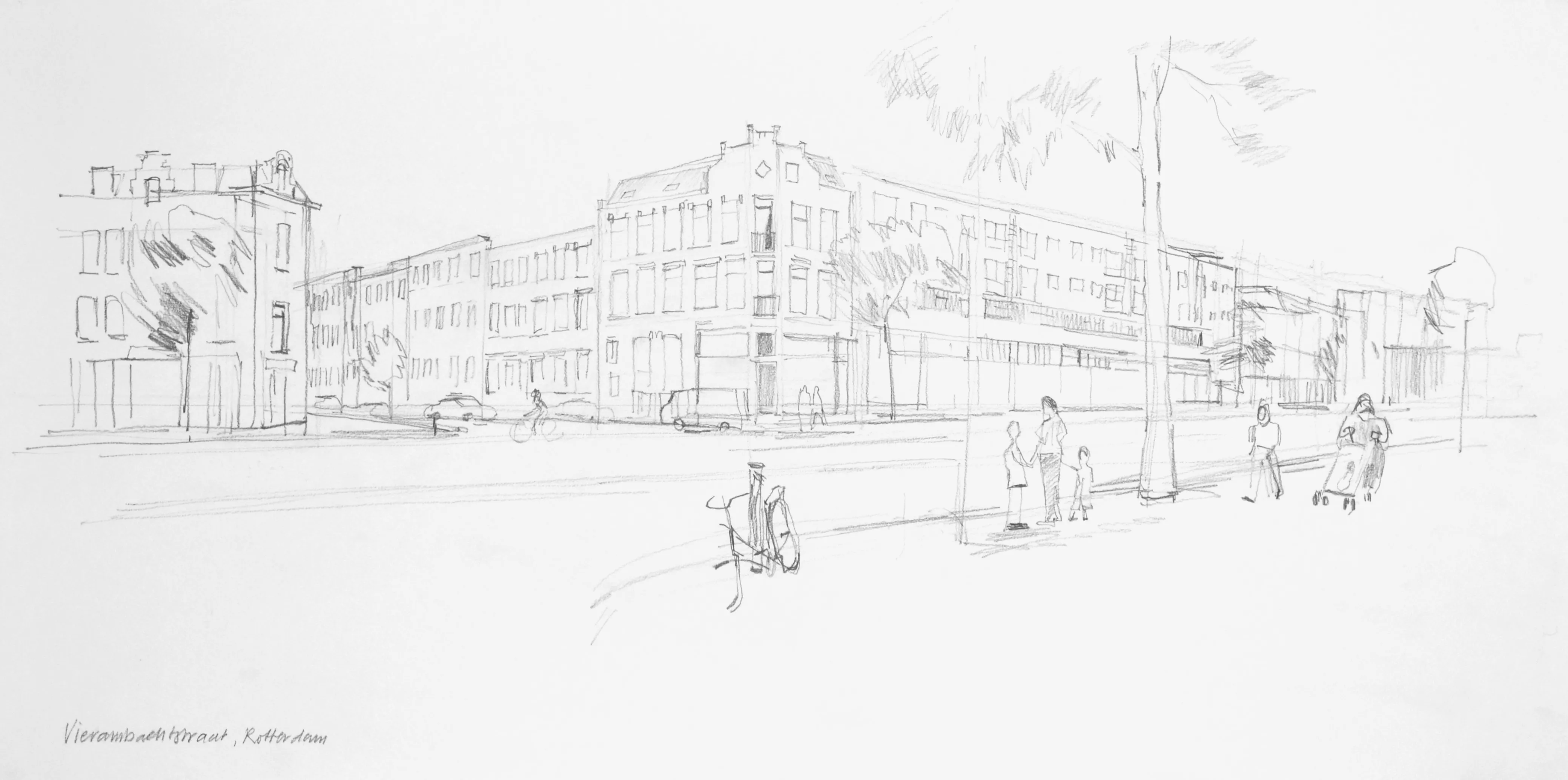 Pencil sketch of an urban street scene with buildings, a cyclist, pedestrians, and trees.