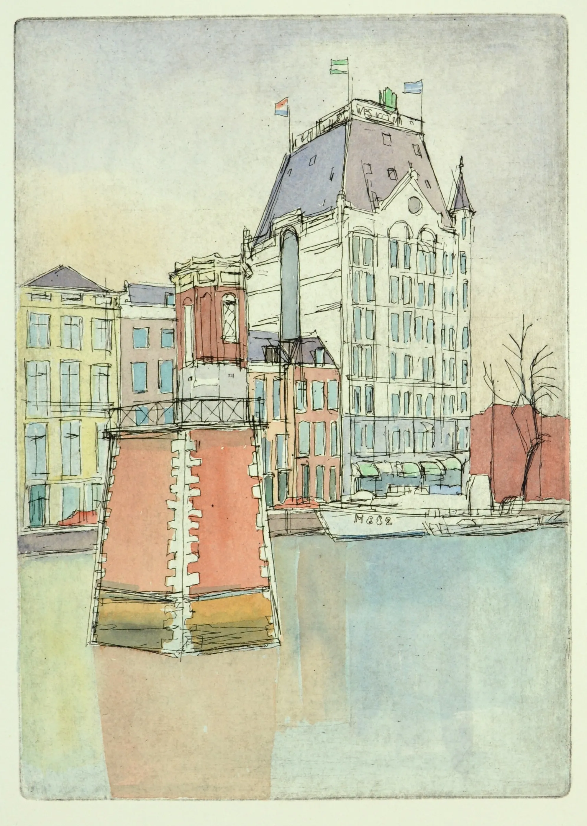 Watercolor drawing of a small brick lighthouse and tall buildings with flags along a canal.