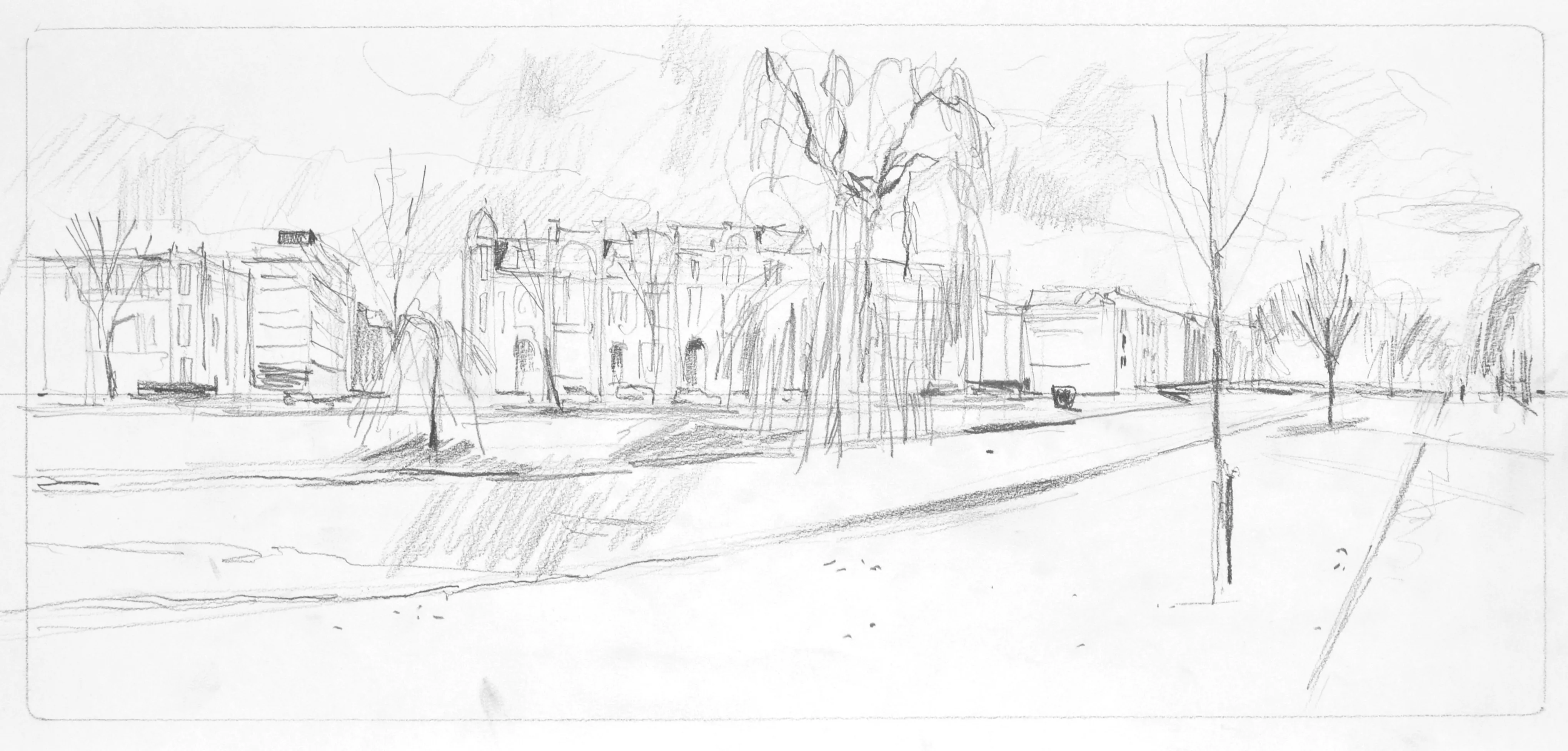 Pencil sketch of a wide street lined with leafless trees and historic buildings in the background.