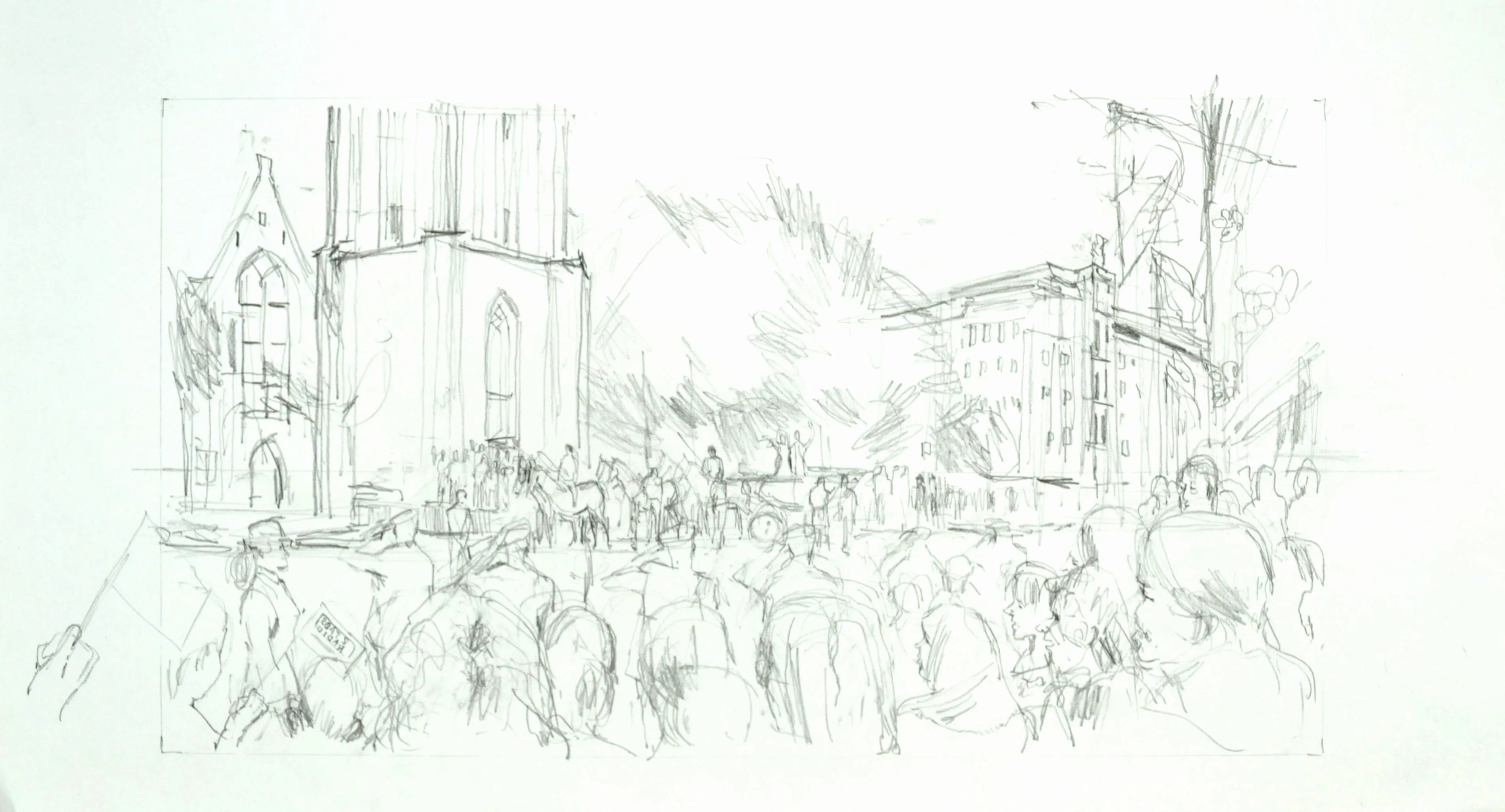 Pencil sketch of a crowd gathered in front of a tall Gothic-style church and adjacent buildings with people and horses in the background.