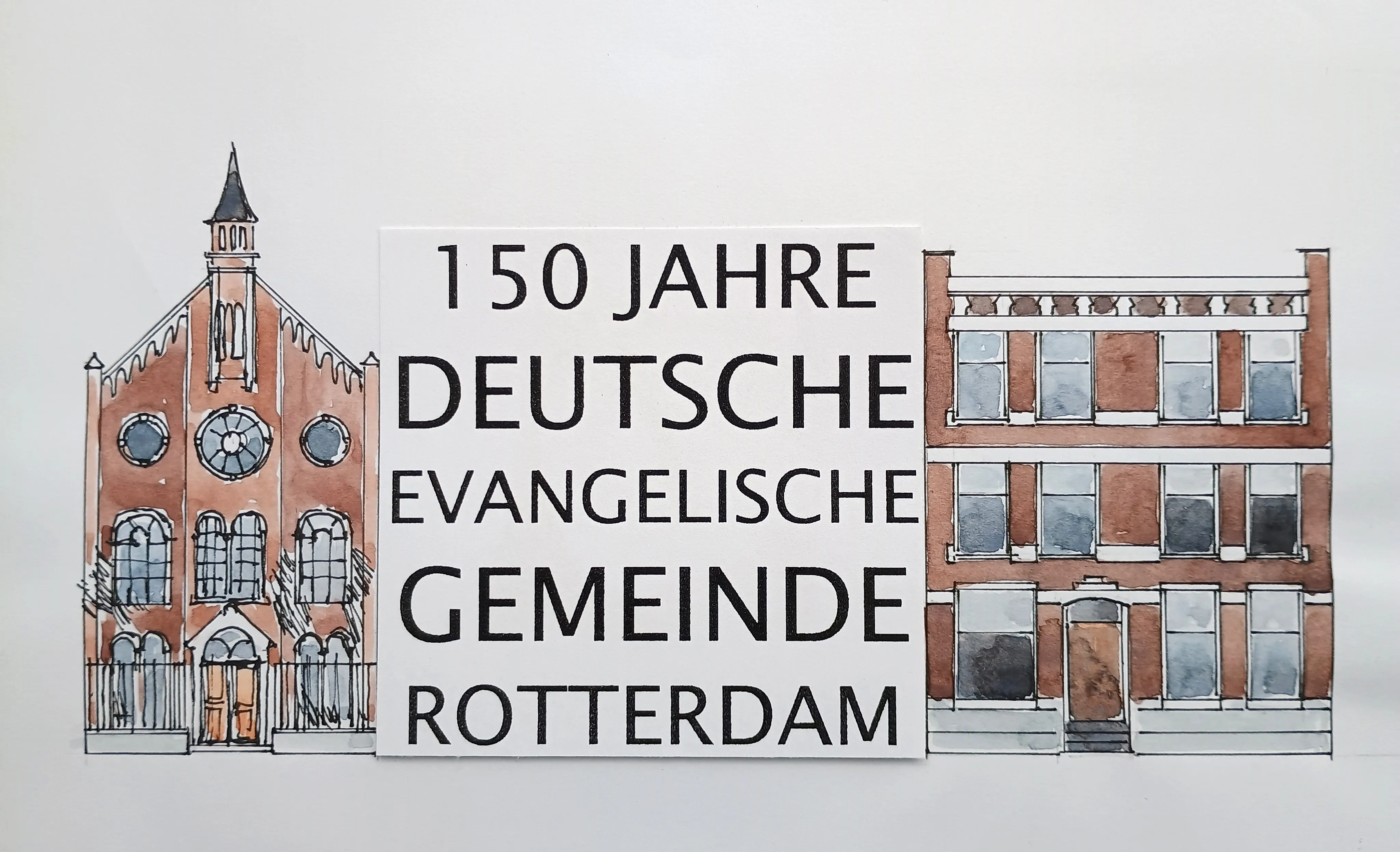 Illustration of two historic brick buildings flanking a sign that reads '150 Jahre Deutsche Evangelische Gemeinde Rotterdam.'