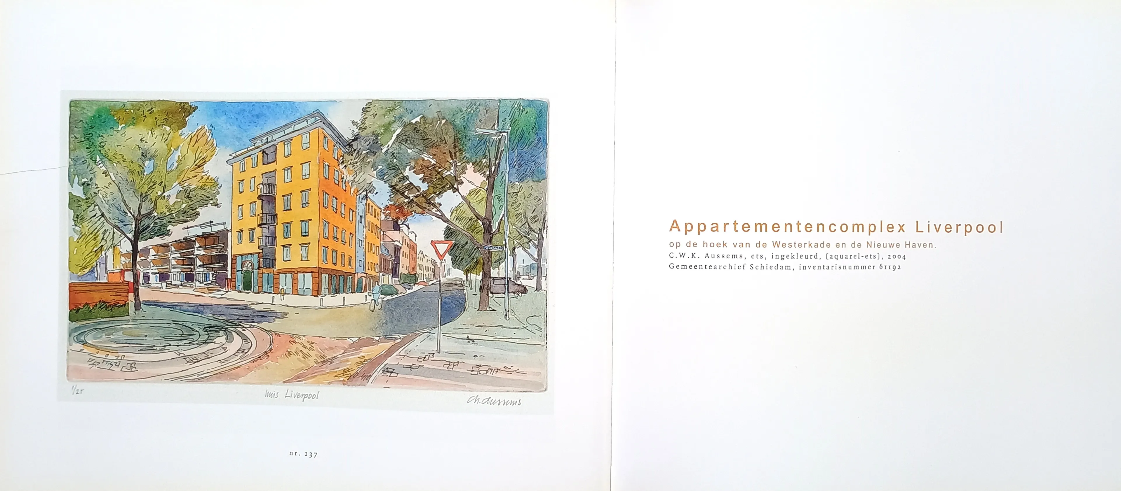 Colored etching of a yellow apartment building at a street corner with trees and a bicycle lane.