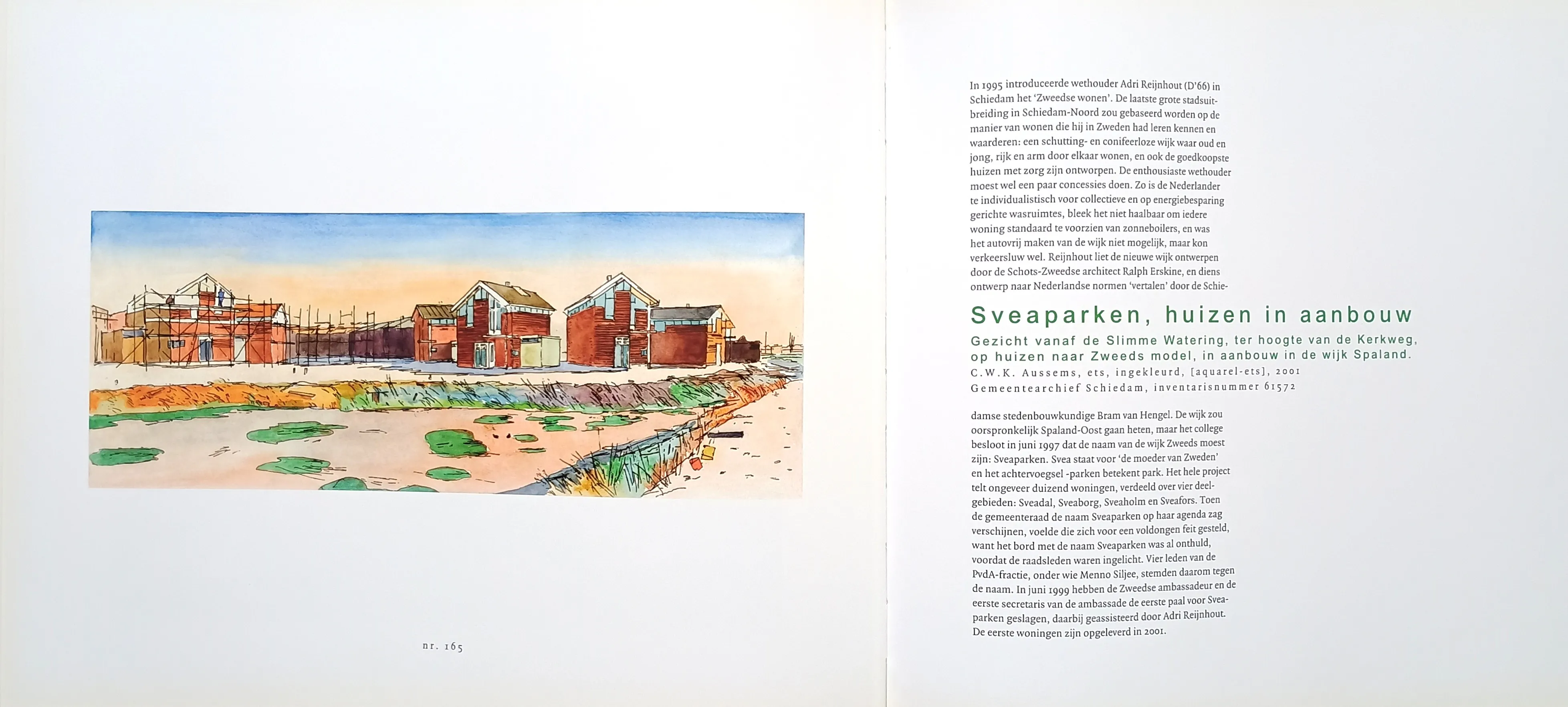Watercolor illustration of houses under construction along a waterway with a pastel sky, accompanied by Dutch text describing the Sveaparken housing project.
