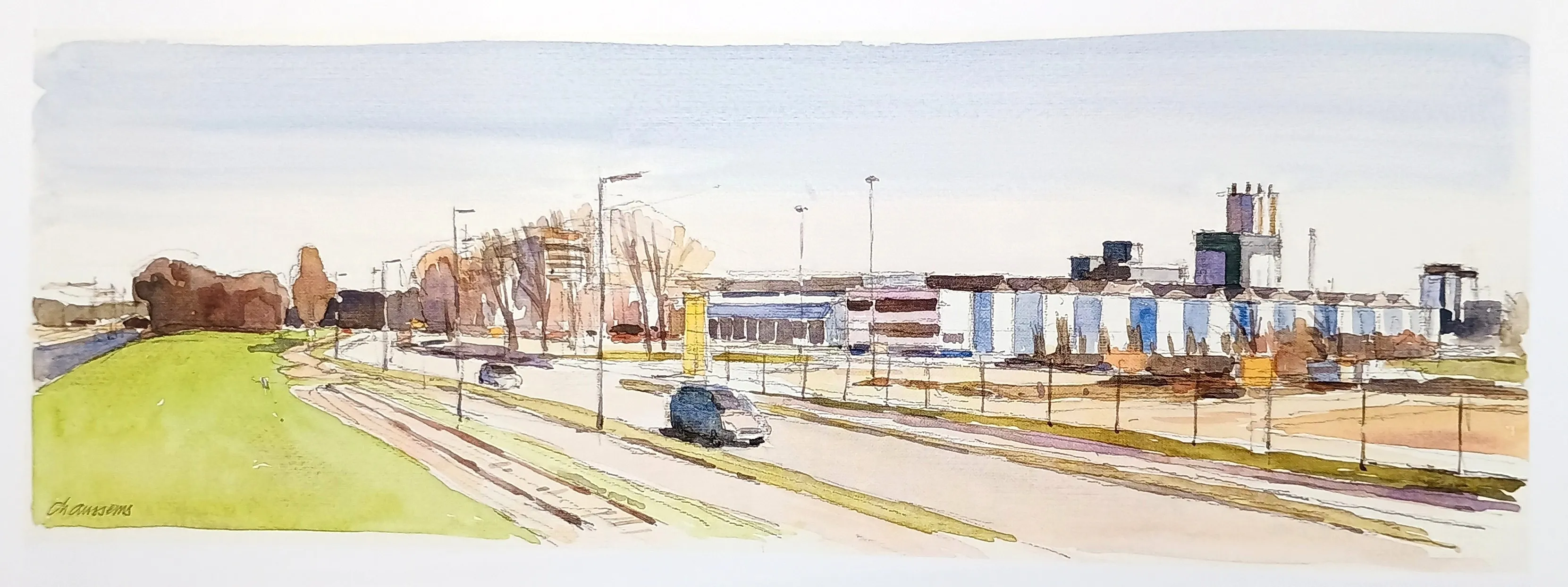 Watercolor painting of an industrial building complex alongside a road with a few cars and grassy area.