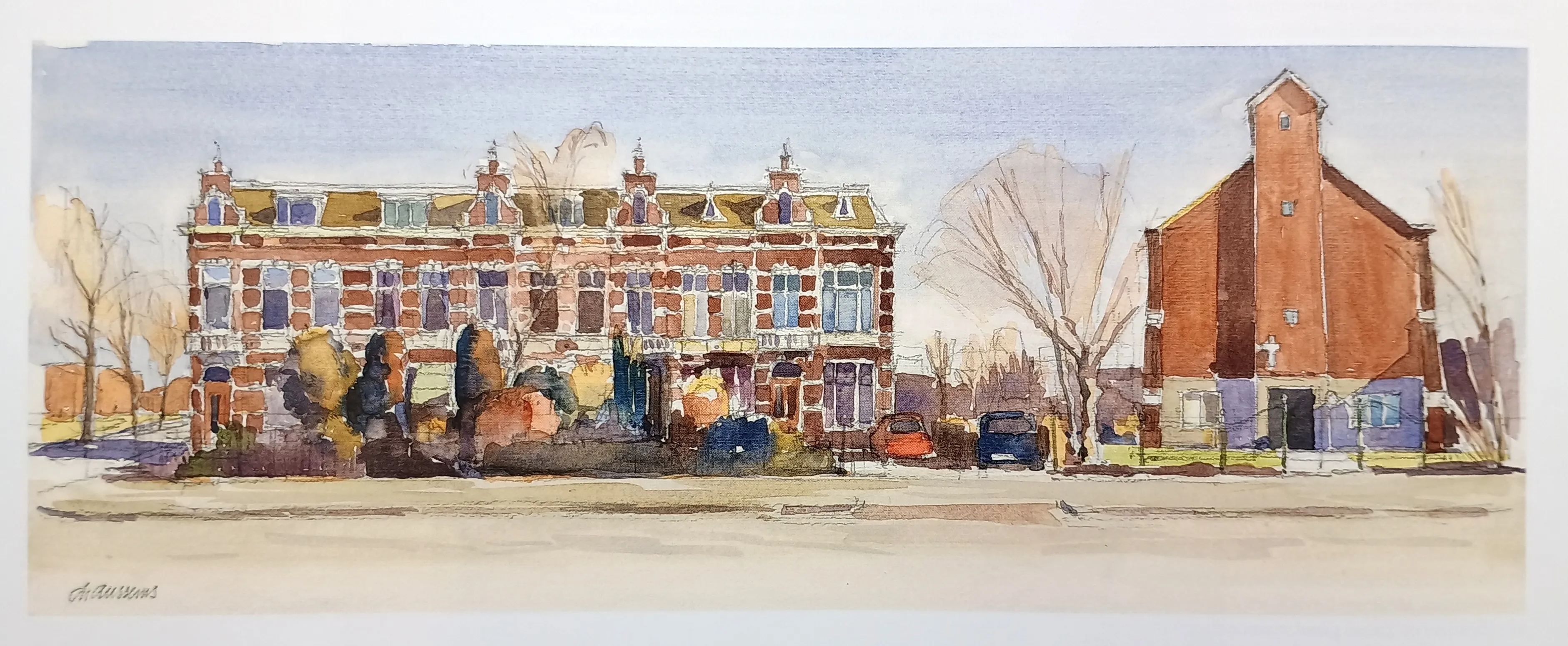 Watercolor painting of a brick building with ornate windows and a nearby red brick church with a tall tower, both set against a light blue sky.