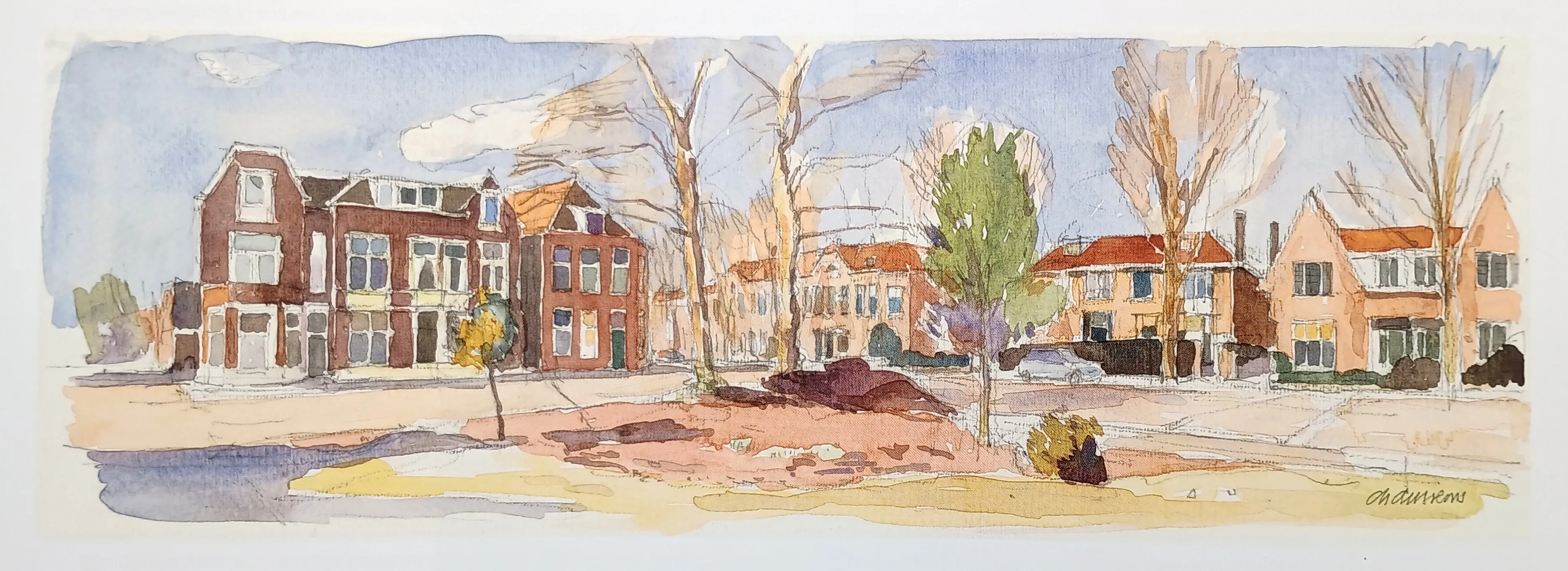 Watercolor painting of a street lined with brick and stucco houses, leafless trees, and a green-leafed tree in the foreground.