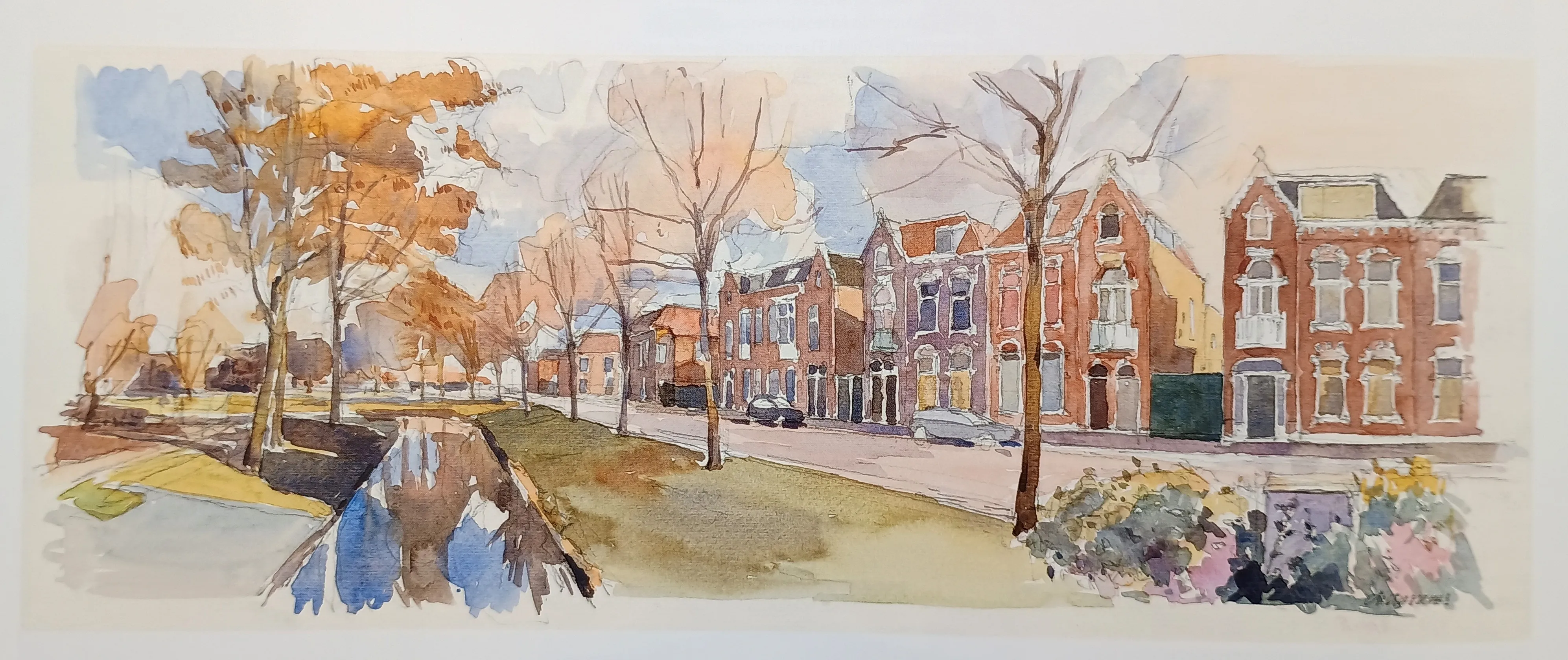 Watercolor painting of a canal lined with autumn trees and traditional brick houses under a partly cloudy sky.