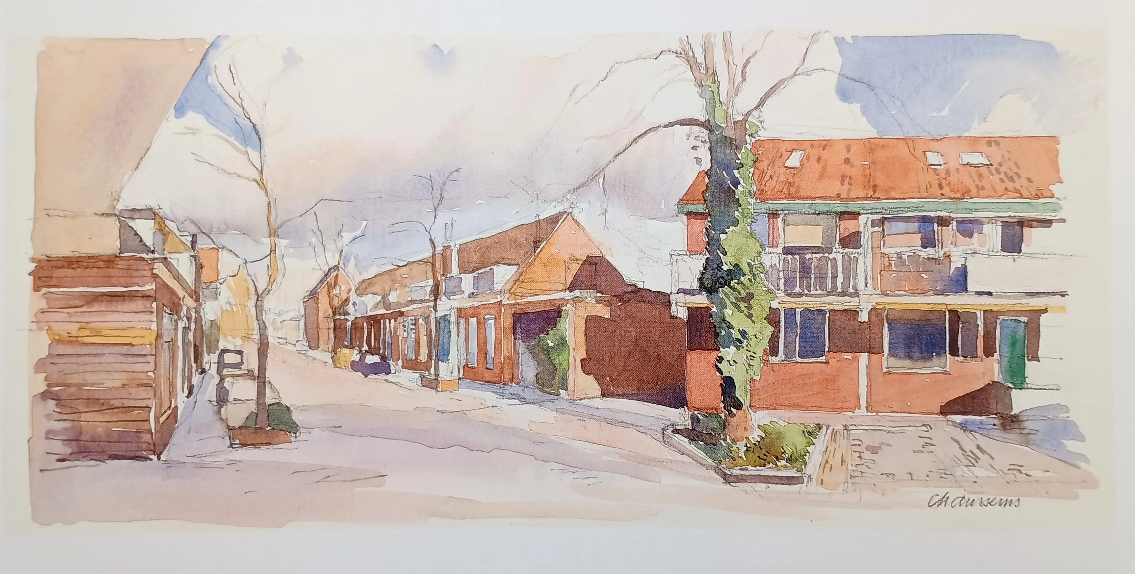 Watercolor painting of a quiet street scene with brick buildings, bare trees, and a partly cloudy sky.