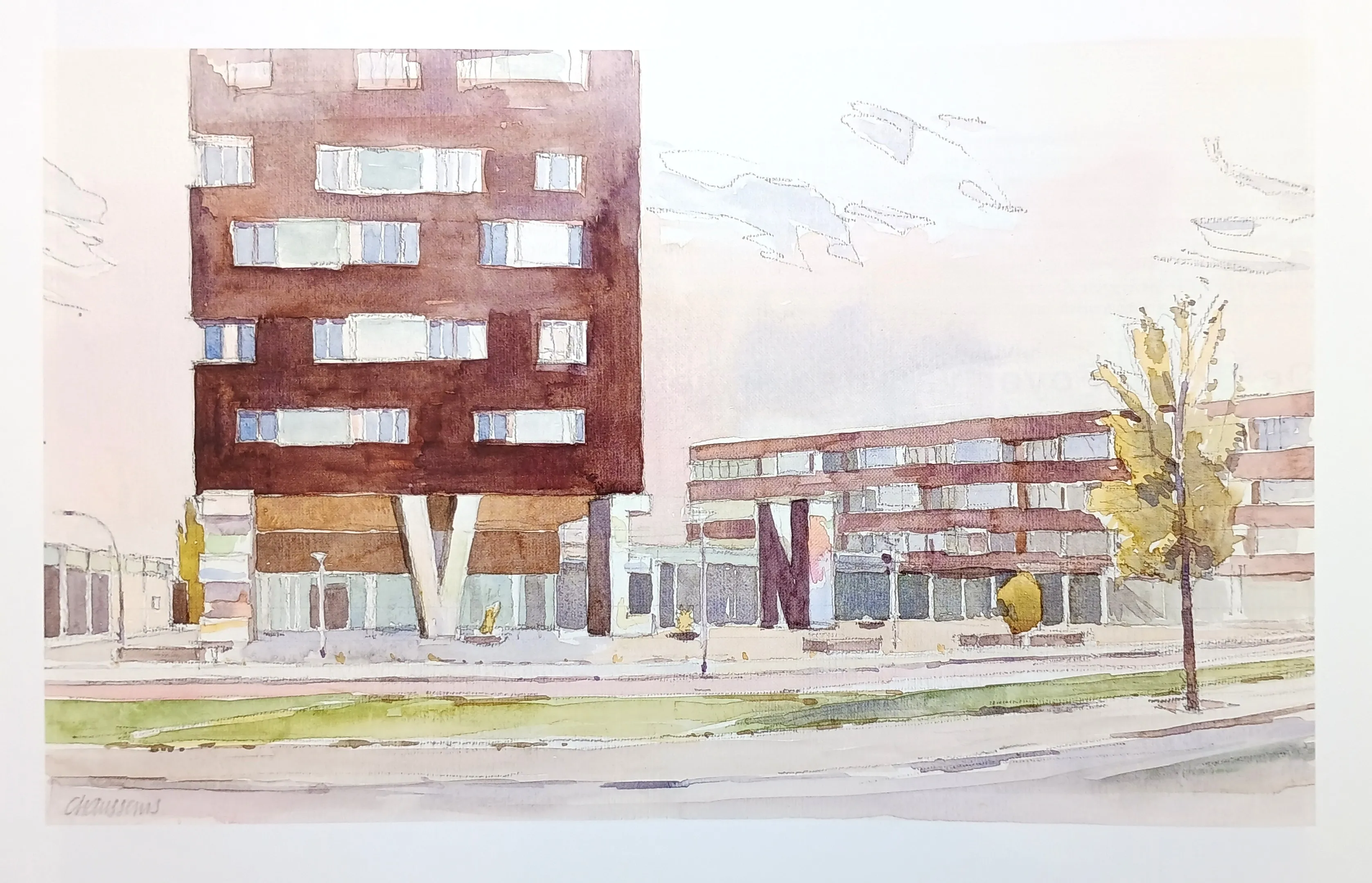 Architectural watercolor painting of two modern buildings with large supporting columns and a tree on the right.