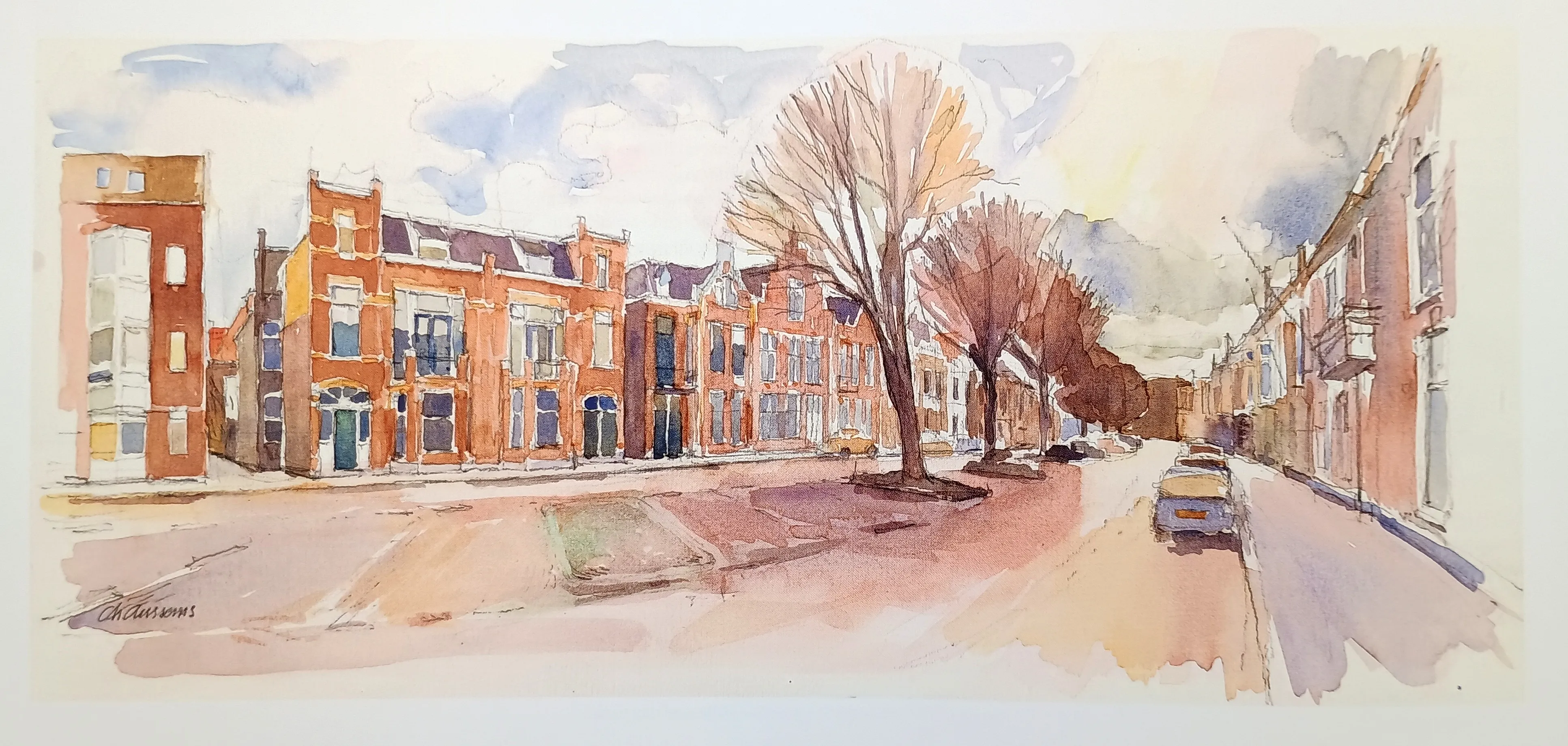 Watercolor painting of a street lined with tall brick buildings, leafless trees, and parked cars under a partly cloudy sky.