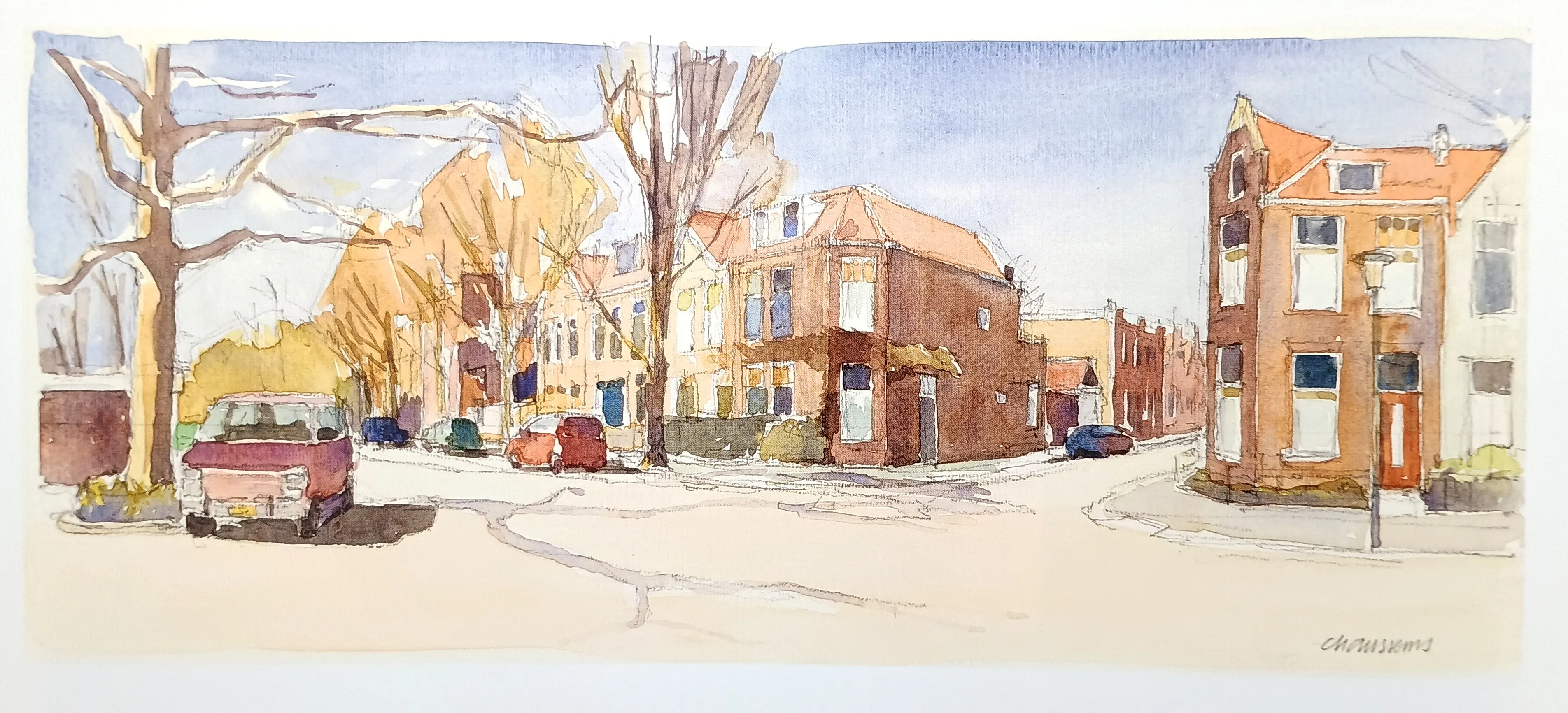 Watercolor painting of a quiet street corner with autumn trees, brick houses, and parked cars under a clear sky.