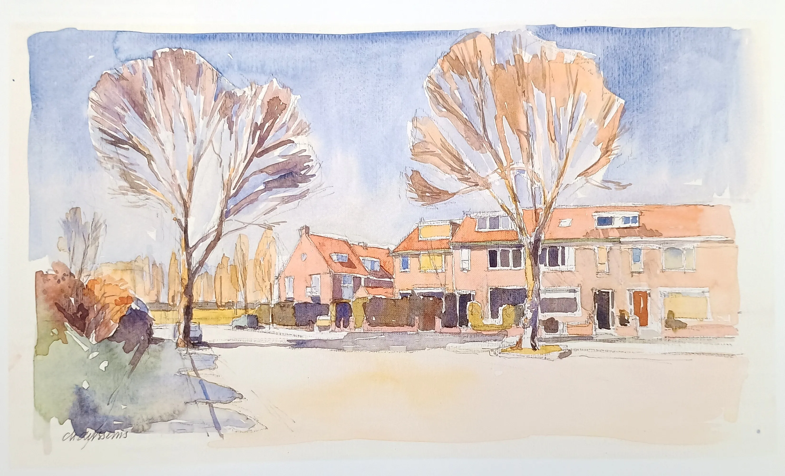 Watercolor painting of a suburban street with leafless trees and red-roofed houses under a clear blue sky.