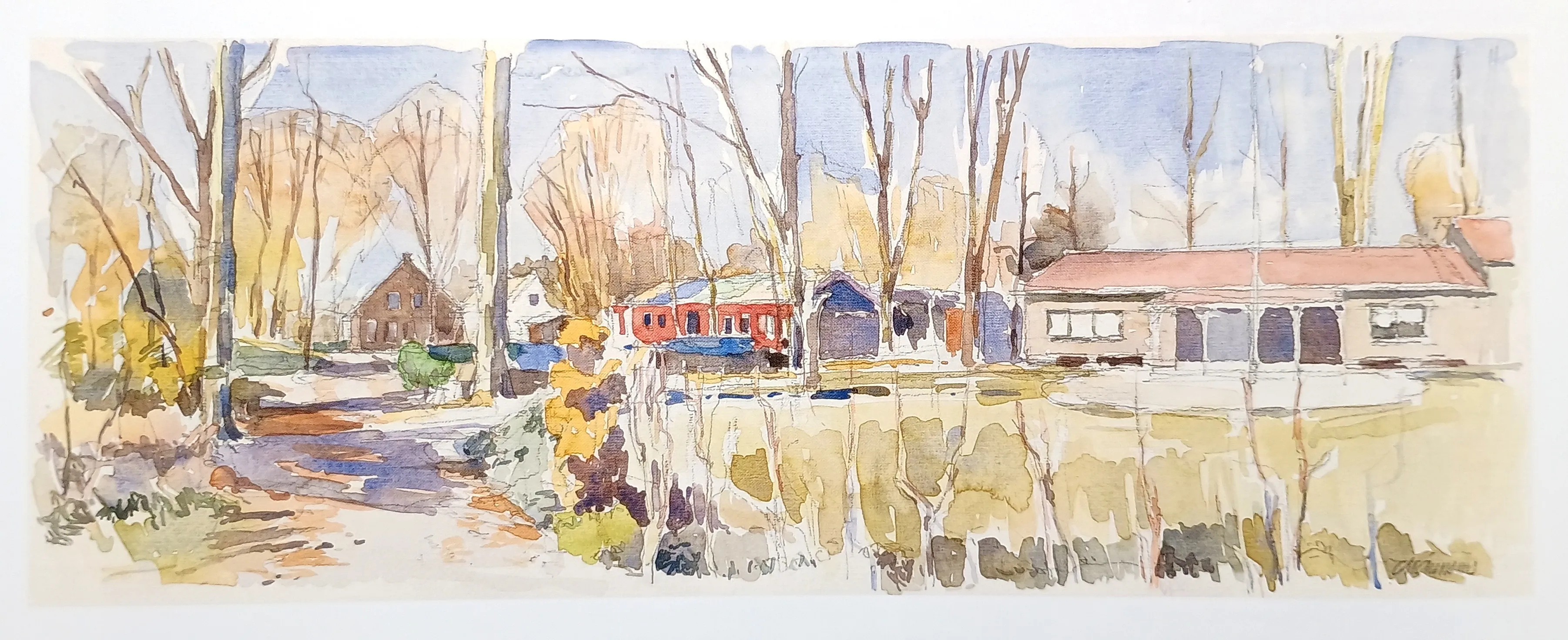 Watercolor painting of a rural scene with tall leafless trees, colorful houses, and a reflective body of water in the foreground.