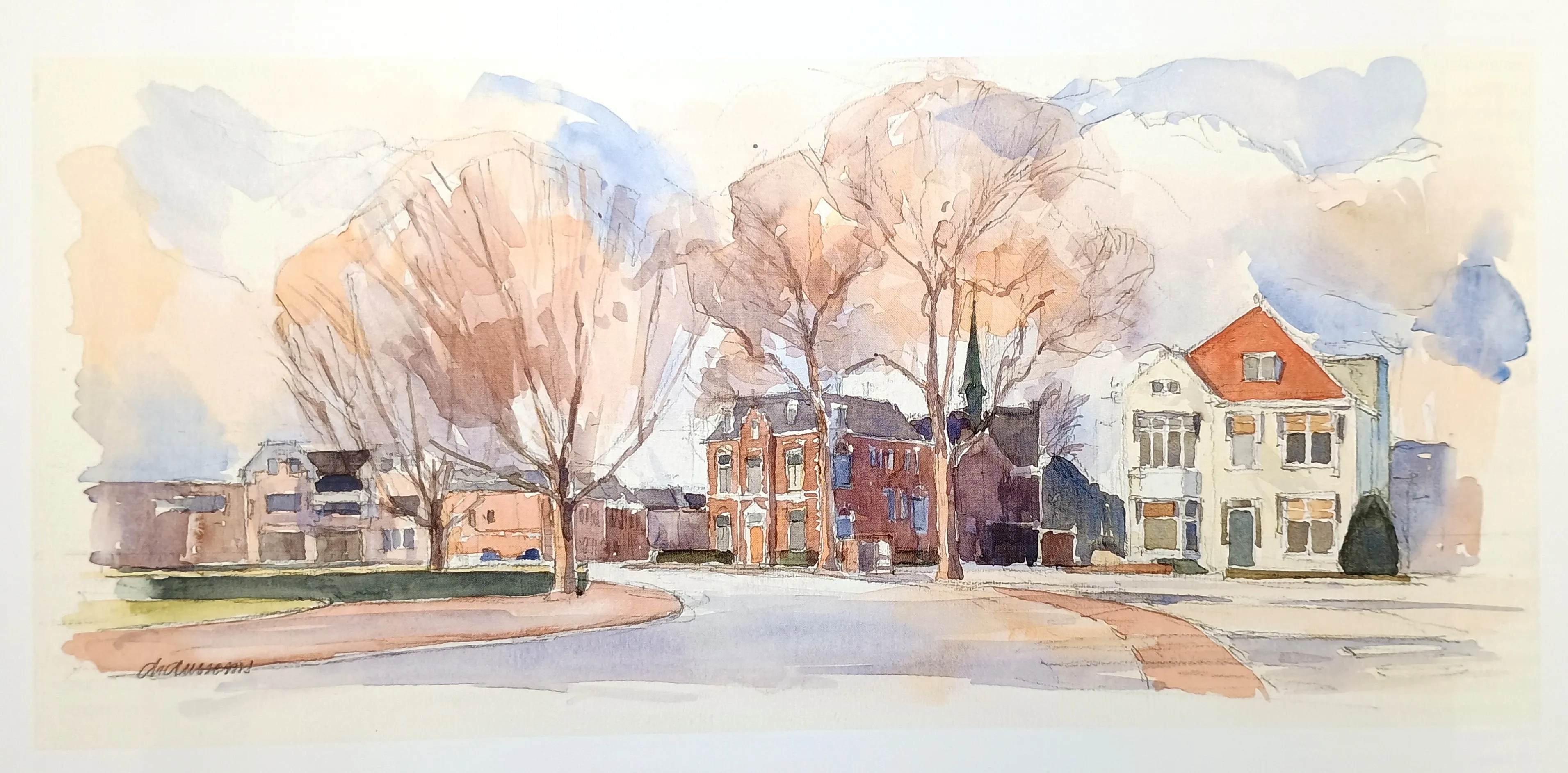 Watercolor painting of a quiet street with bare trees and mixed residential buildings including a white house with a red roof.