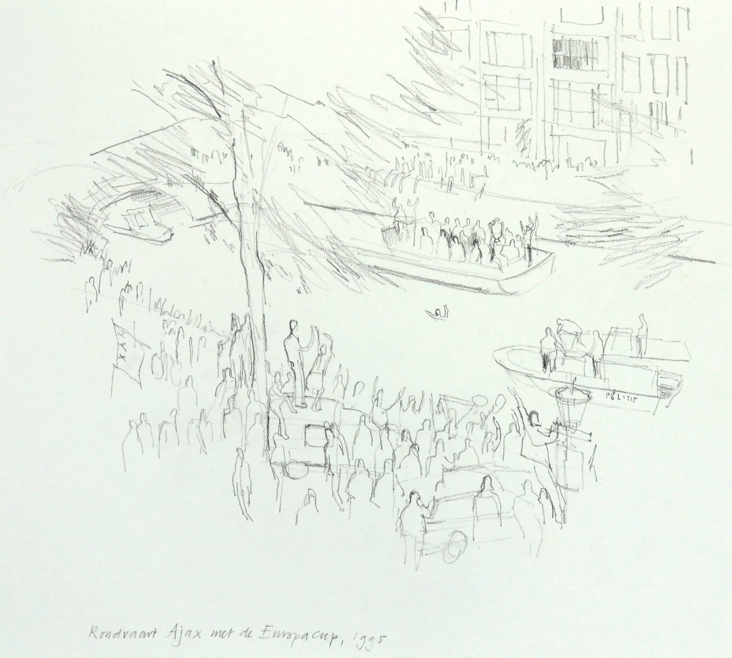Pencil sketch of a crowd gathered near a canal with boats, one labeled 'POLITIE', and figures waving, with buildings in the background.