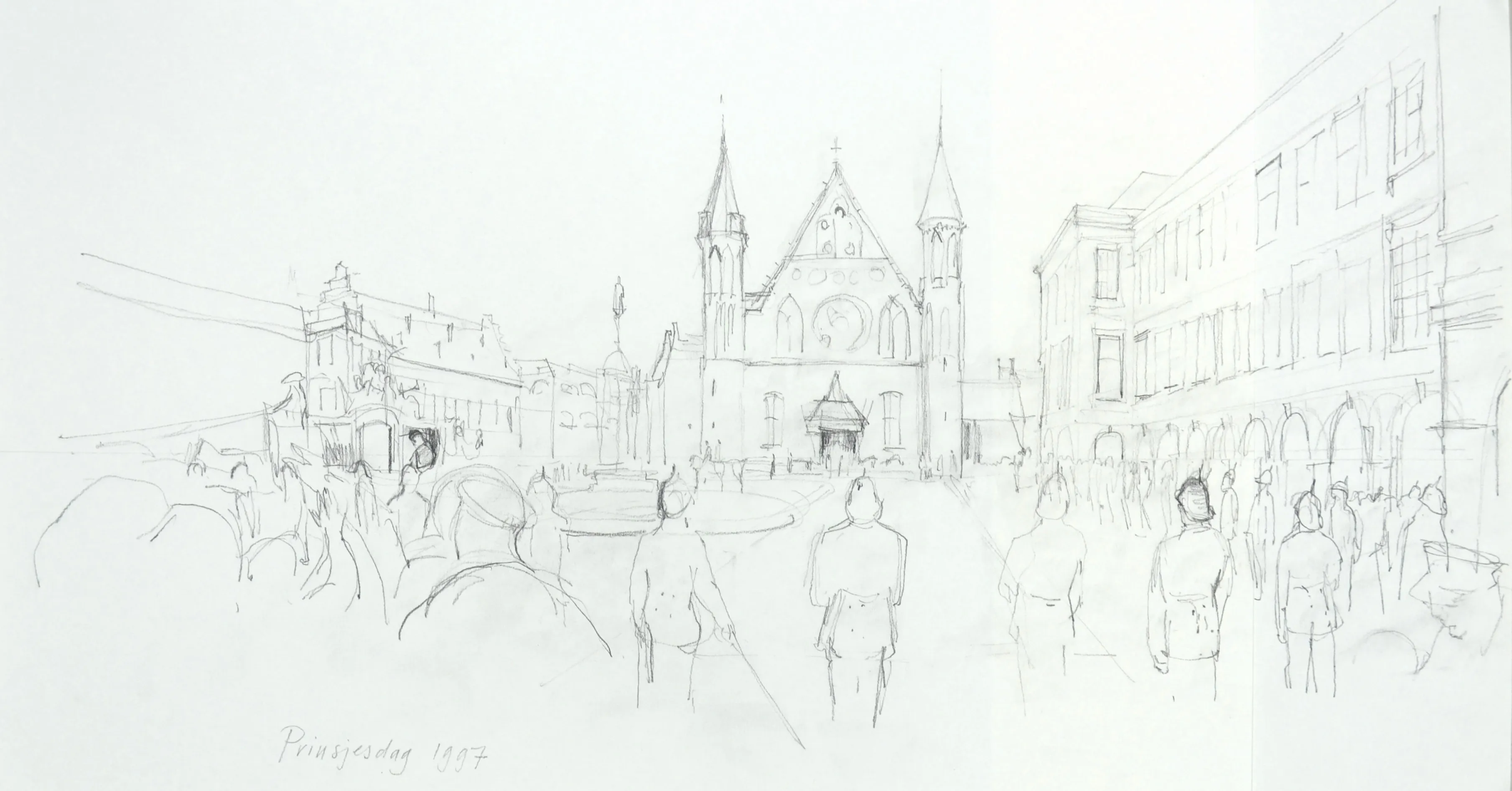 Pencil sketch of a historic square with a central building featuring two towers, crowds of people, and guards in uniform.