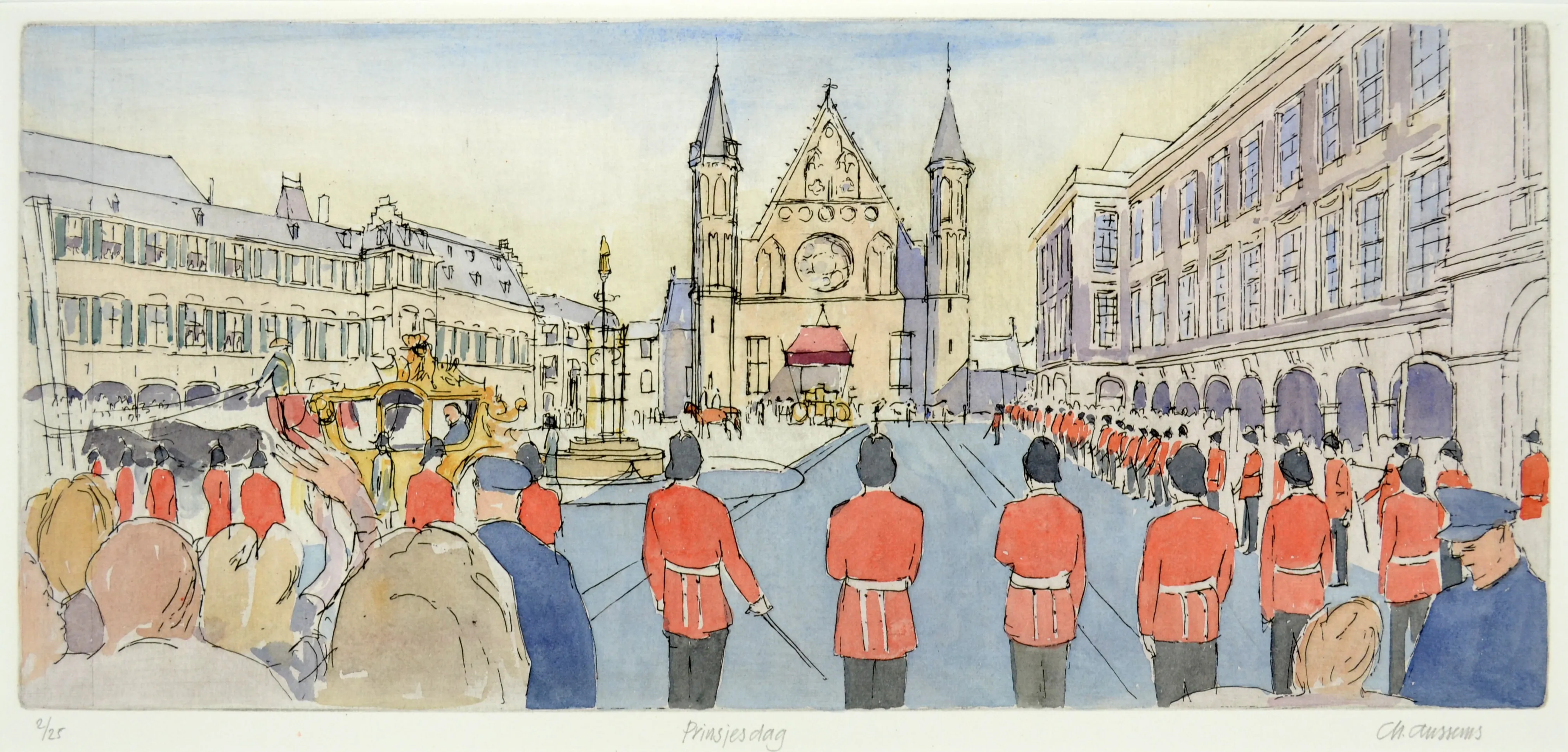 Watercolor illustration of a royal procession with guards in red uniforms lining a street leading to a historic building.
