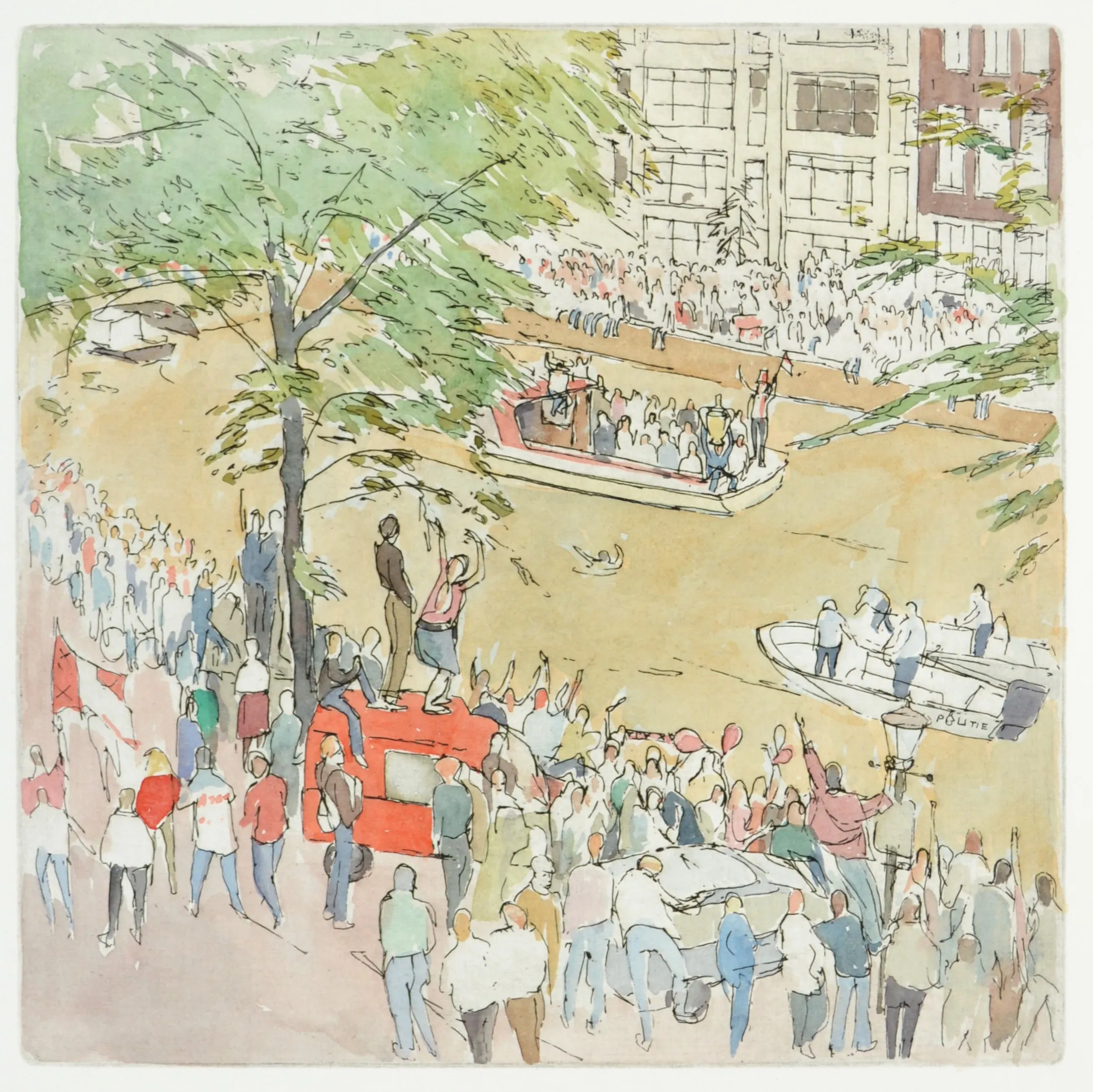 Watercolor illustration of a crowd gathered along a canal with boats, one carrying a group and a trophy, and a police boat nearby.