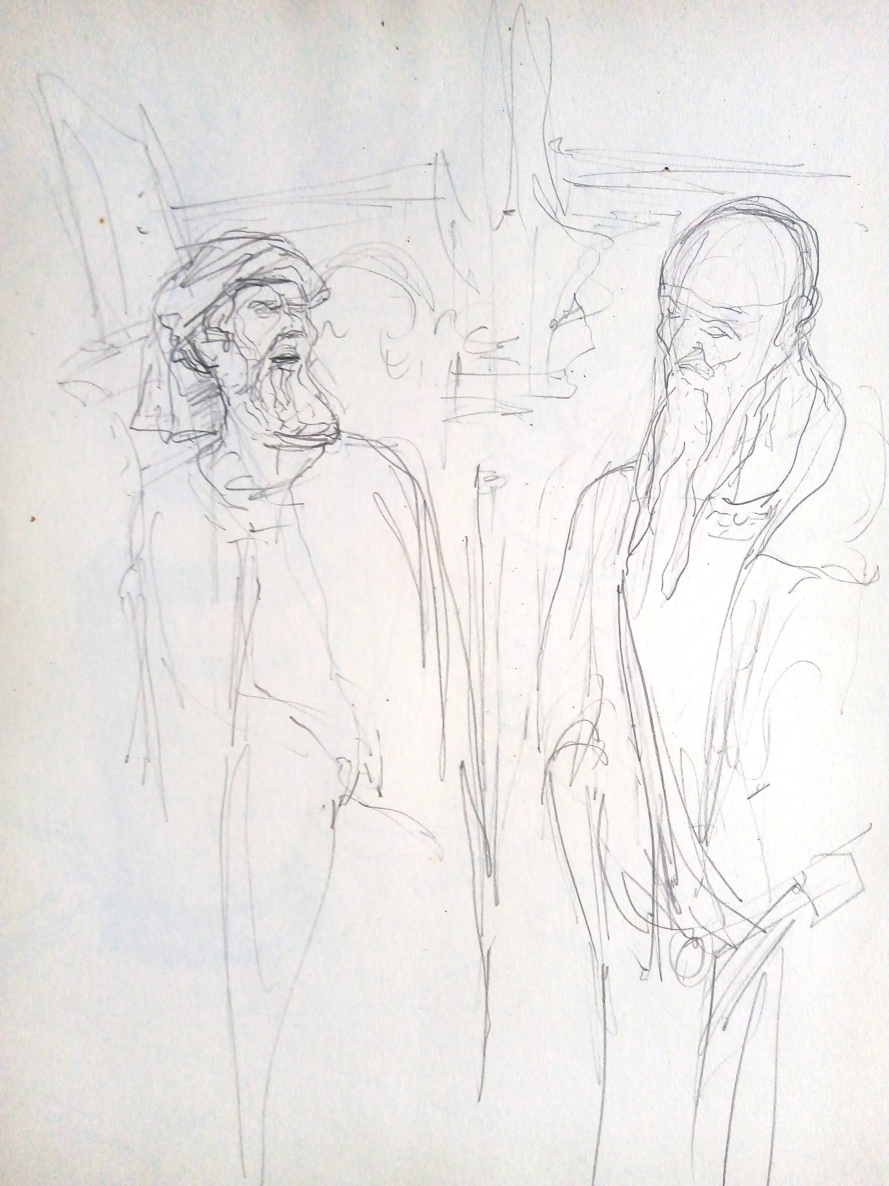 Pencil sketch of two bearded men facing each other, one with a turban and the other bald, with minimal background details.