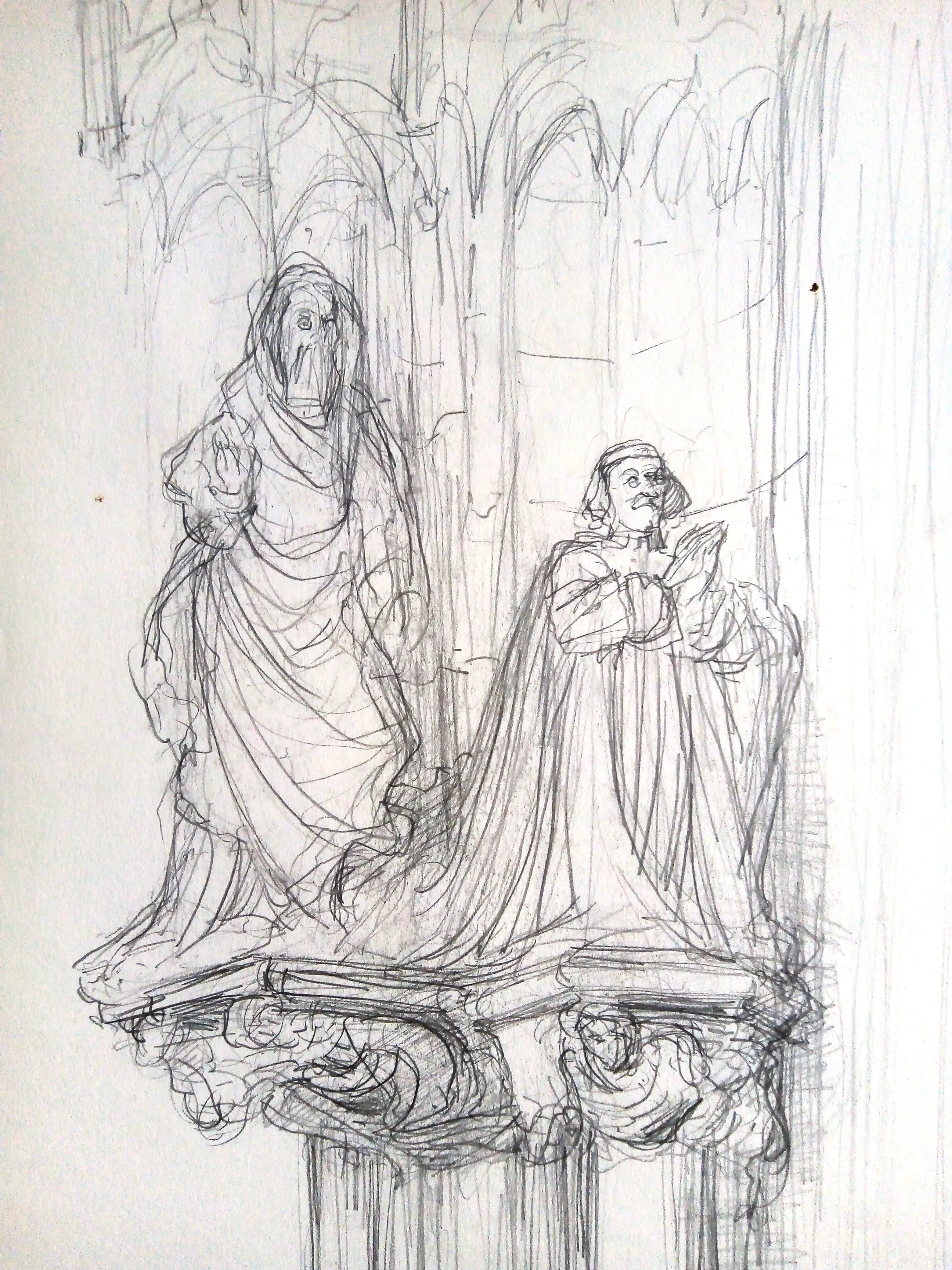 Pencil sketch of two robed figures standing on an ornate architectural ledge with pointed arches in the background.