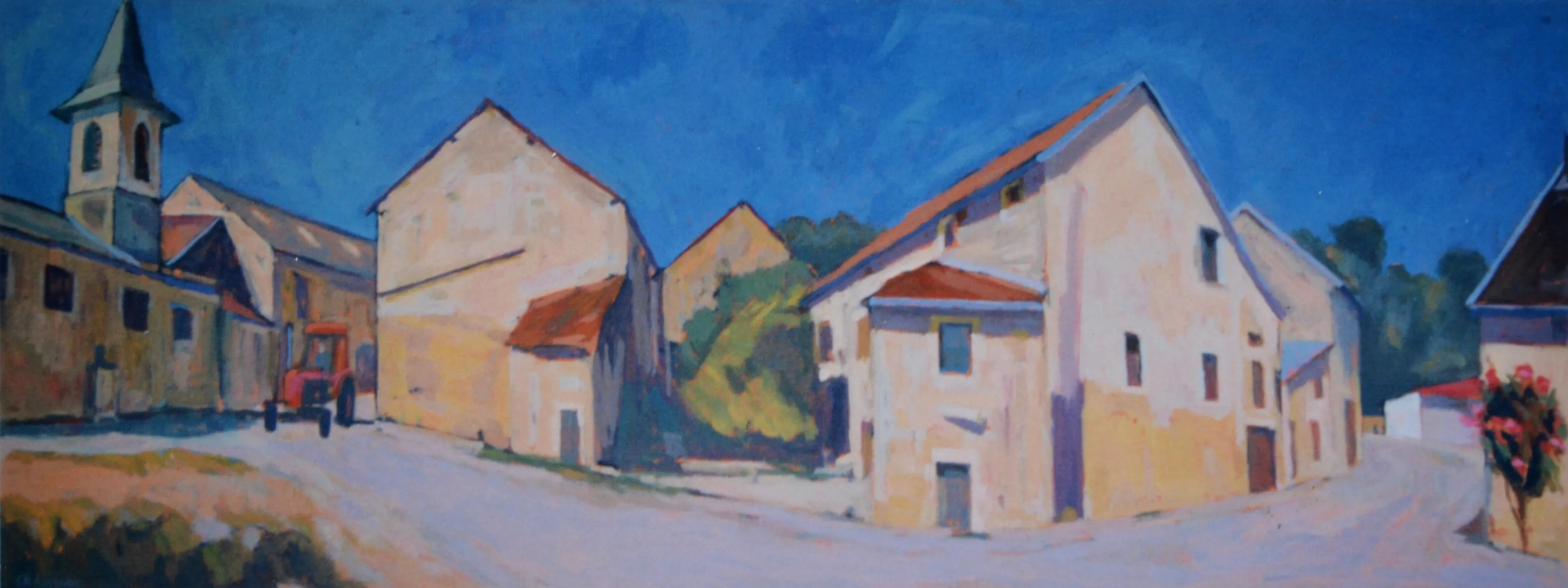 Painting of a small village street with beige buildings, a church tower, a red tractor, and trees under a clear blue sky.
