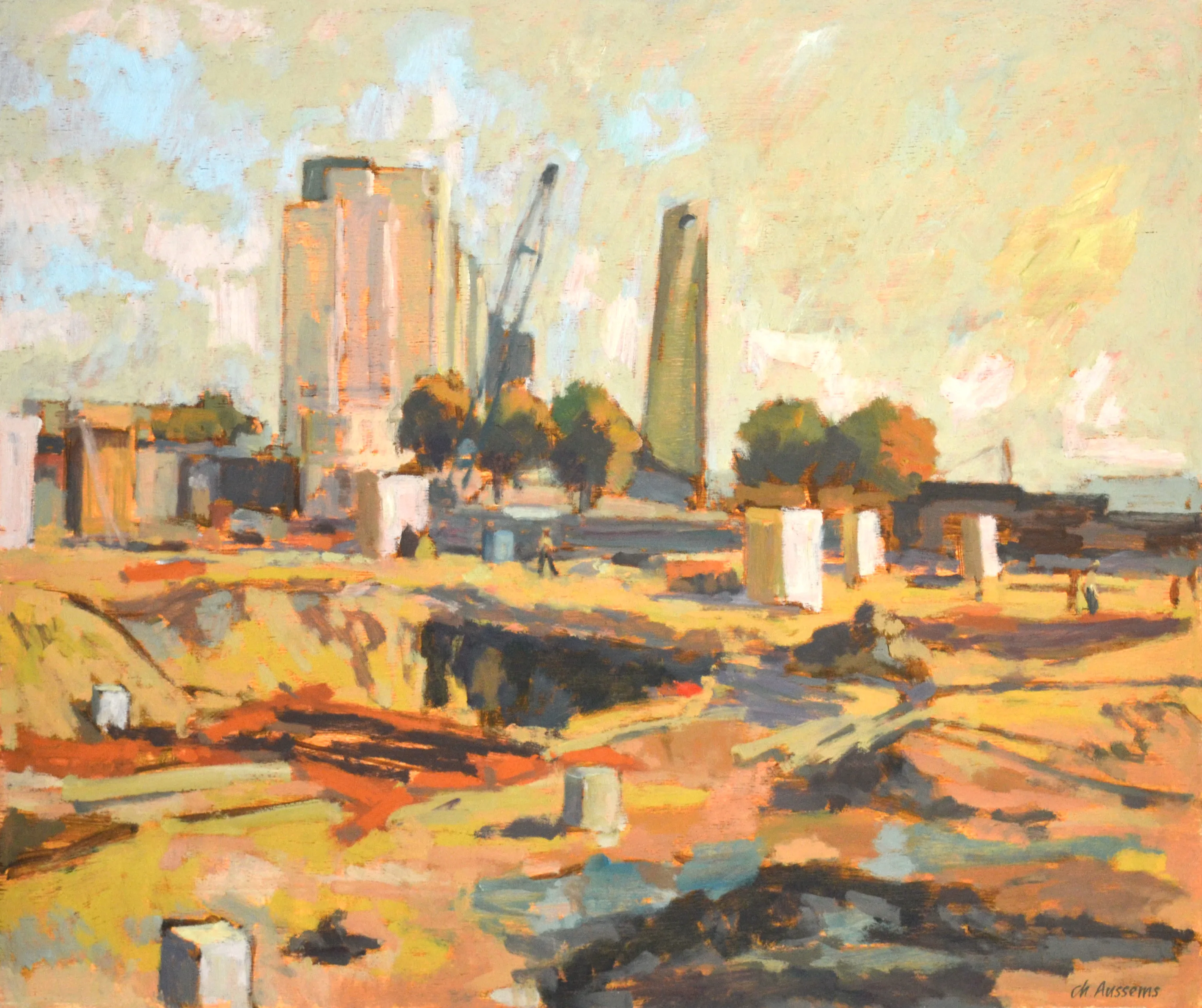 Impressionist-style painting of a construction site with cranes, buildings, and scattered materials under a cloudy sky.