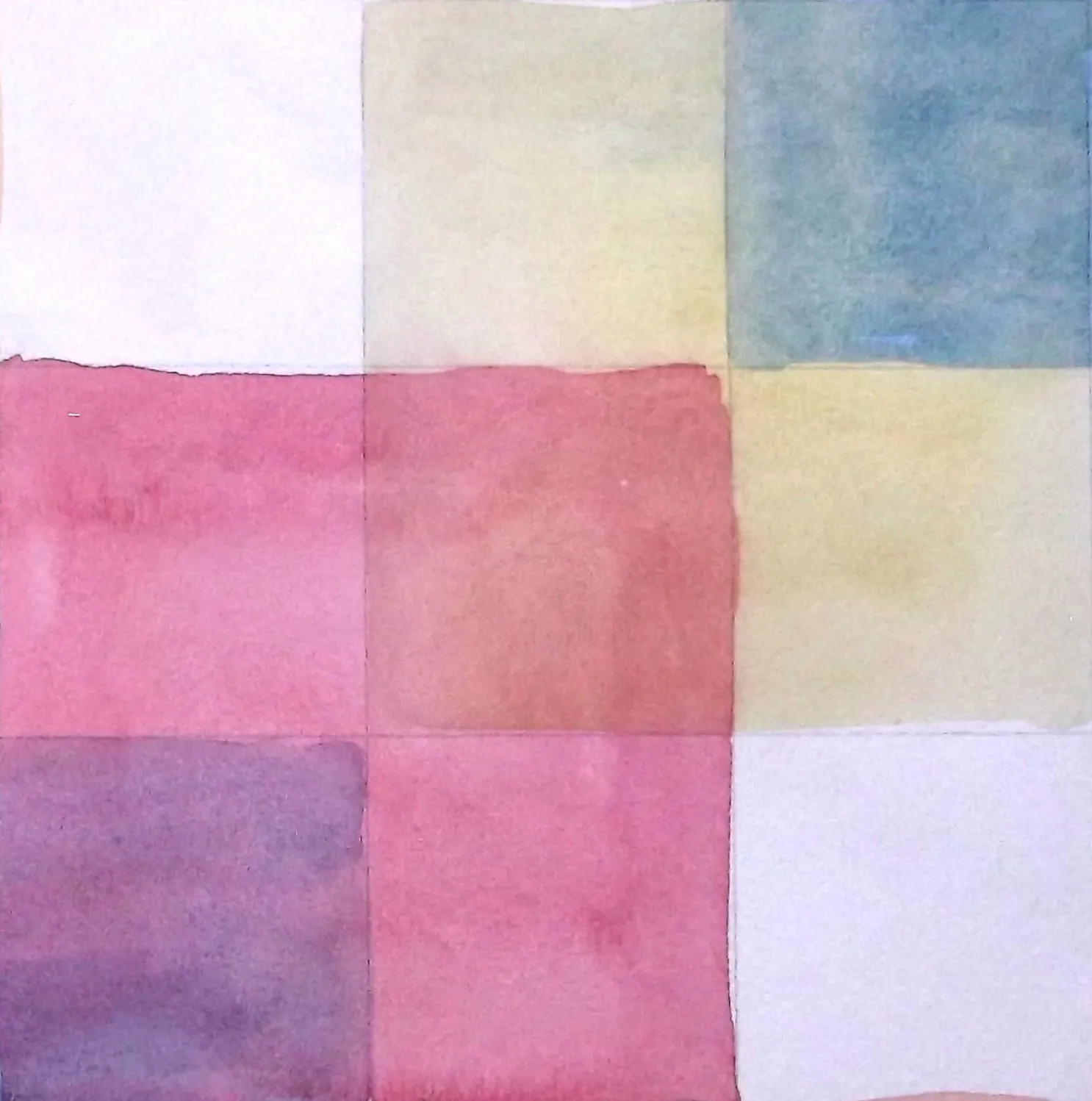 Watercolor painting of nine soft-colored squares arranged in a grid with shades of pink, purple, blue, yellow, and white.