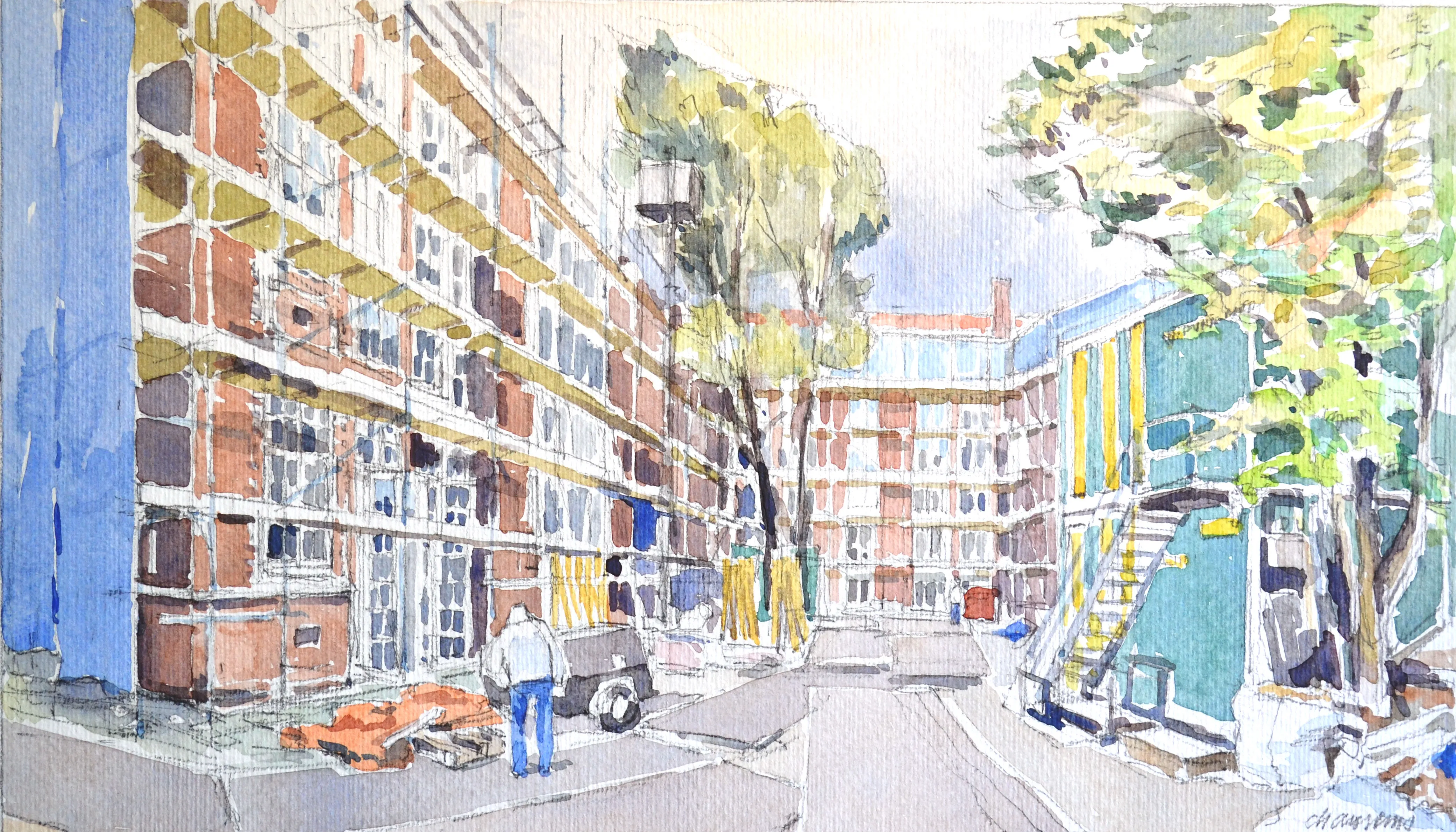 Watercolor painting of a courtyard with brick buildings, trees, and a person standing next to a small vehicle.
