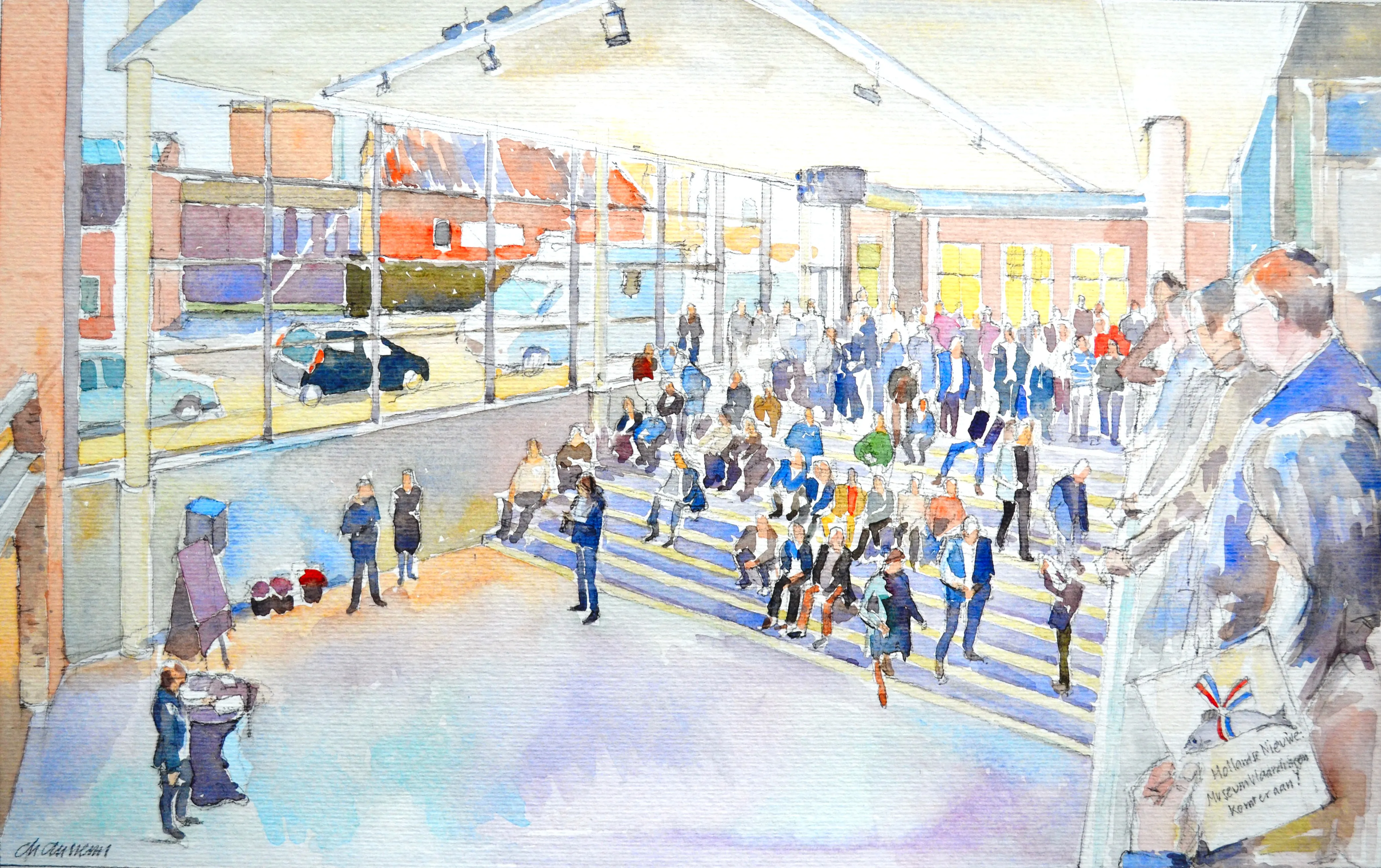 Watercolor painting of a large group of people gathered indoors on tiered seating with a person speaking at a podium.