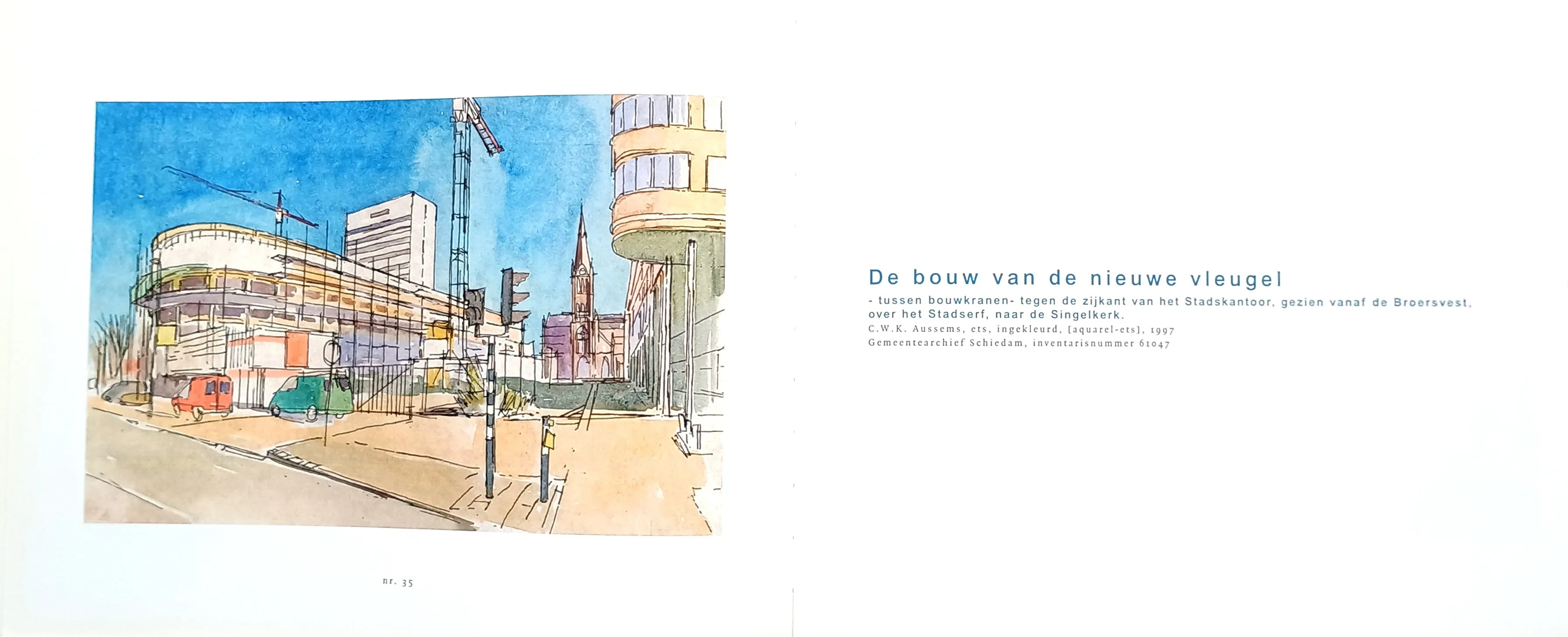 Colored sketch of a building construction site with cranes near a city office and a church tower in the background under a blue sky.