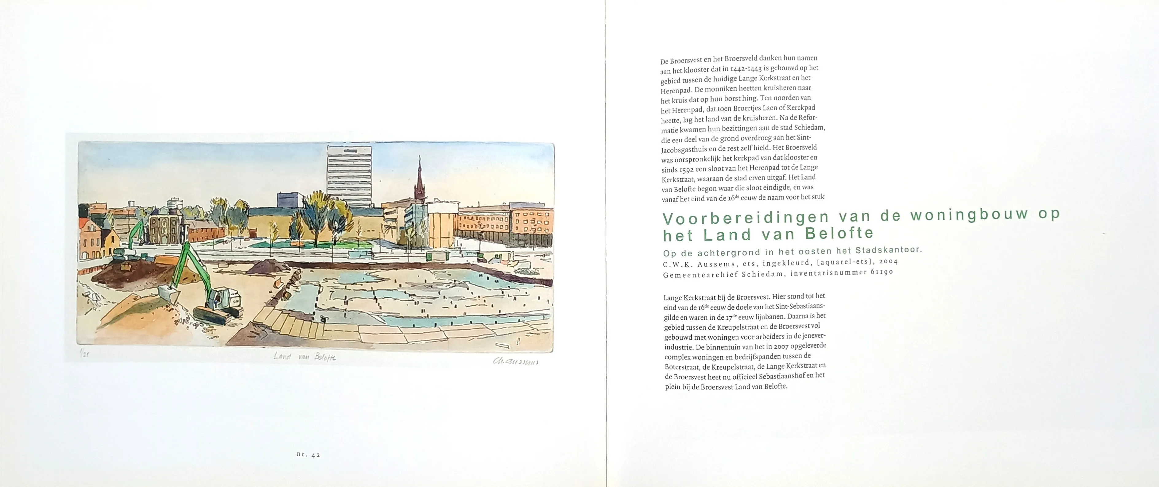 Colored etching titled 'Voorbereidingen van de woningbouw op het Land van Belofte' showing a construction site with excavators and buildings in the background, accompanied by Dutch text explaining the historical context.