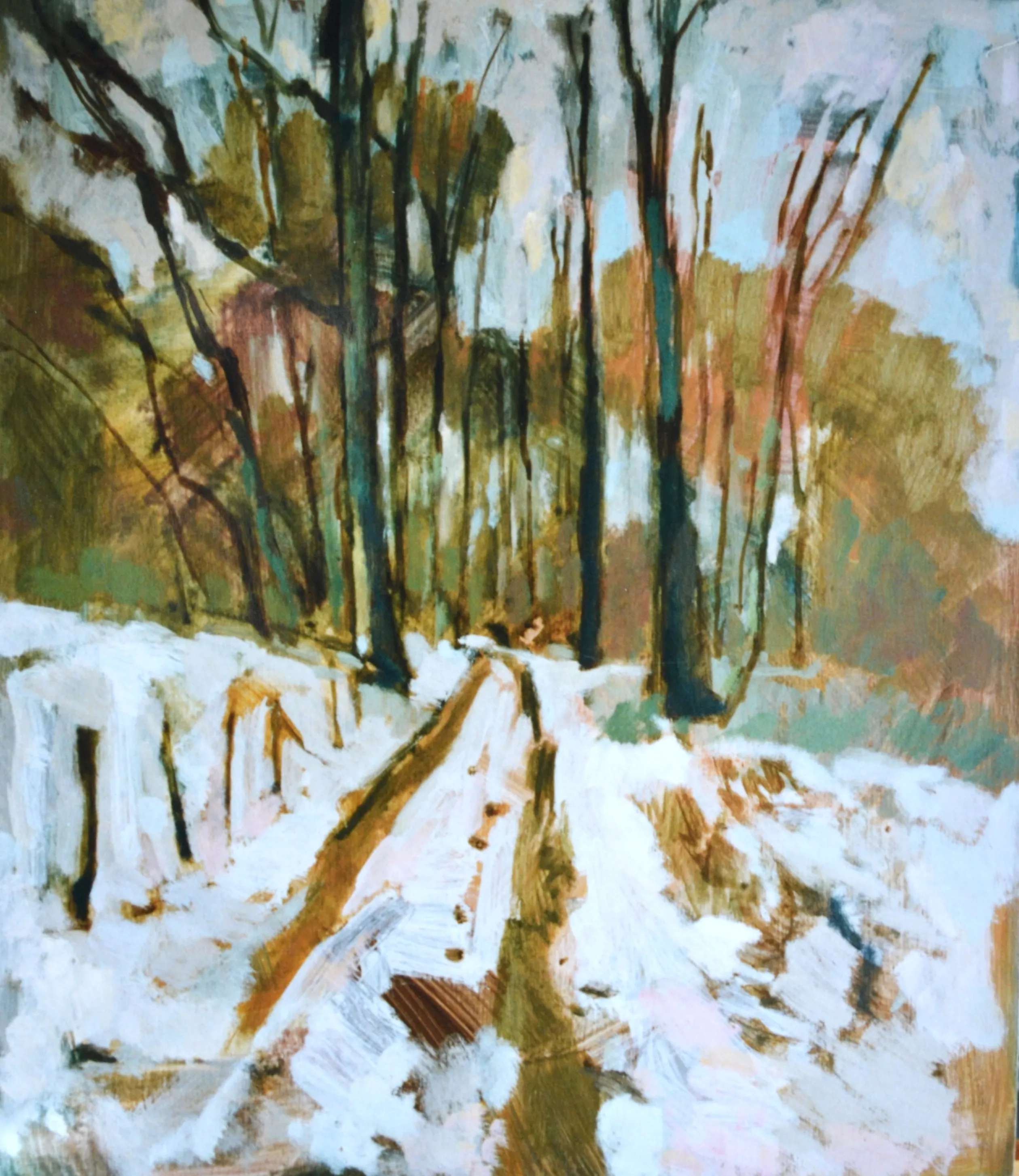 Abstract painting of a forest path with tall trees and snowy ground in muted earth tones.