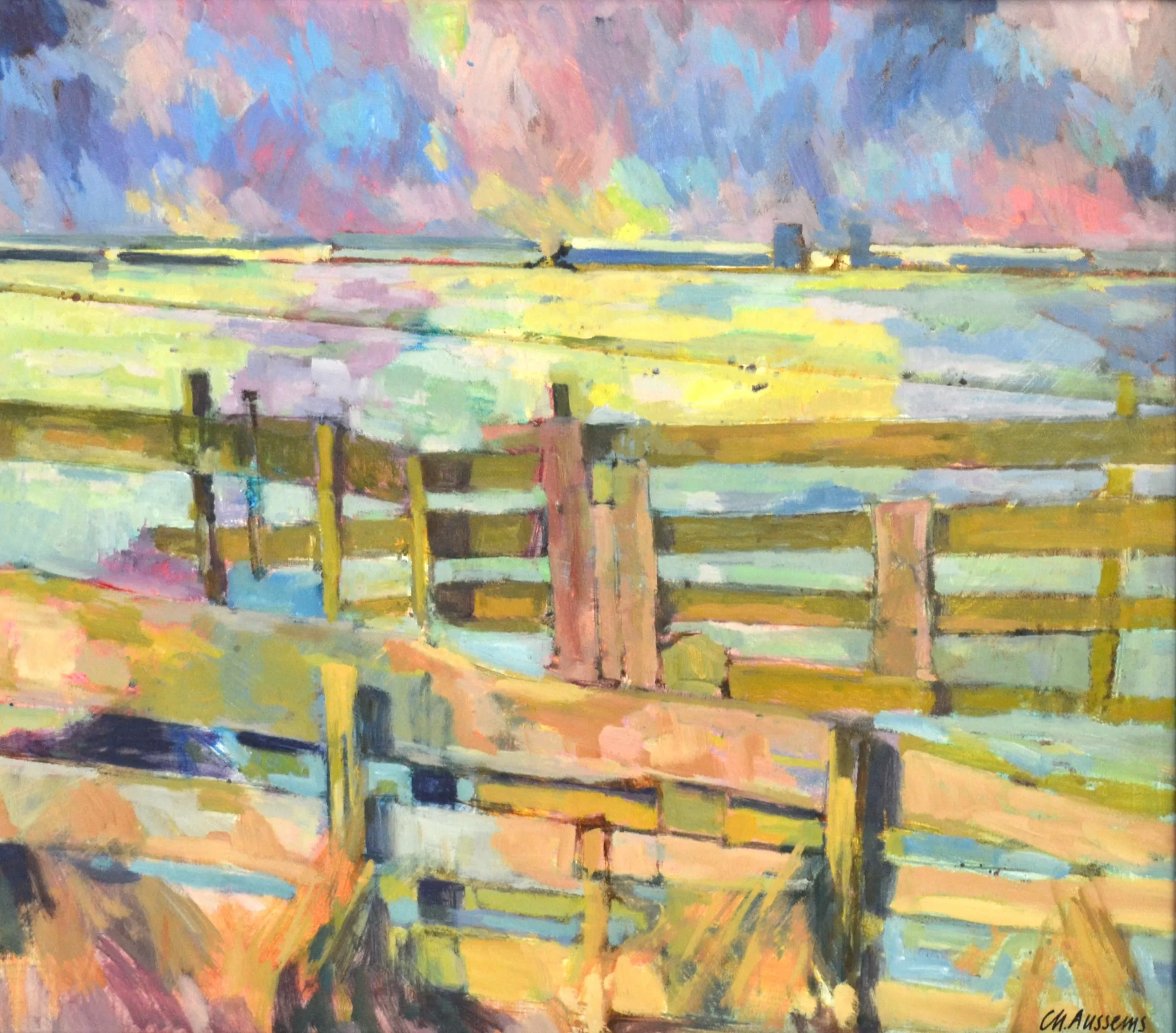 Impressionistic painting of a wooden fence with a colorful, abstract landscape and sky in the background.