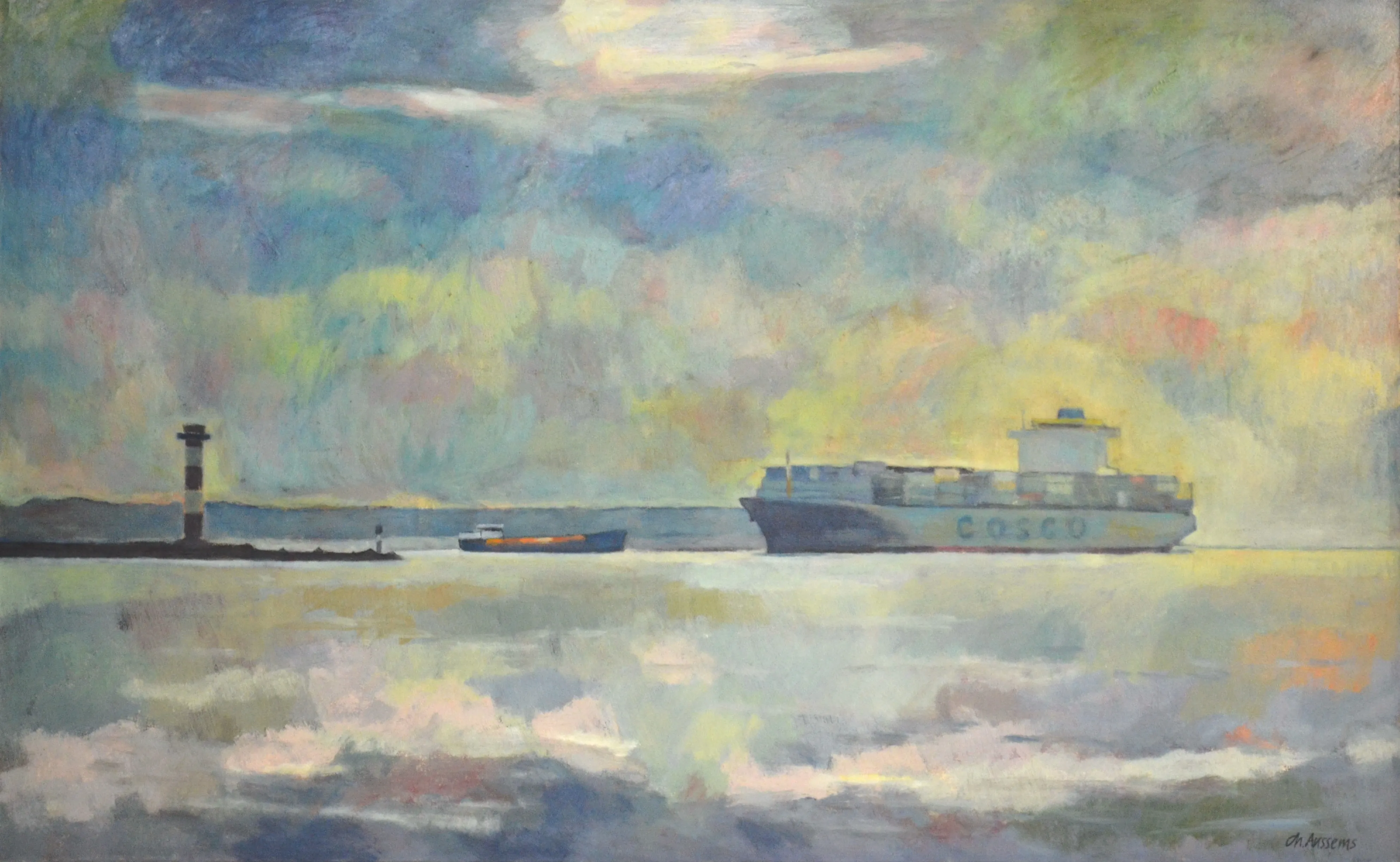 Painting of a COSCO container ship and a smaller boat near a black and white striped lighthouse under a colorful, cloudy sky.