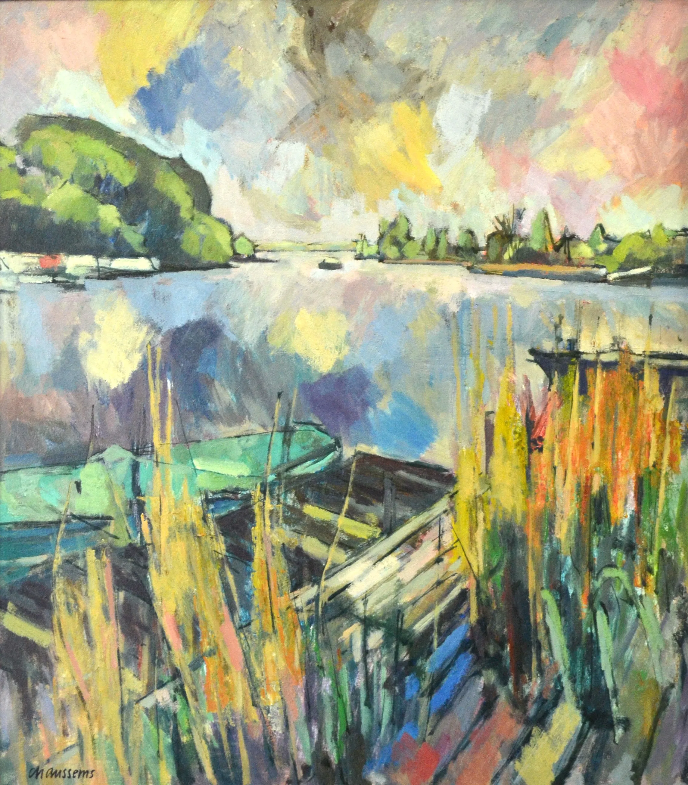 Impressionist painting of a lakeside scene with boats by a dock, tall yellow and orange reeds in the foreground, and trees and a colorful sky in the background.