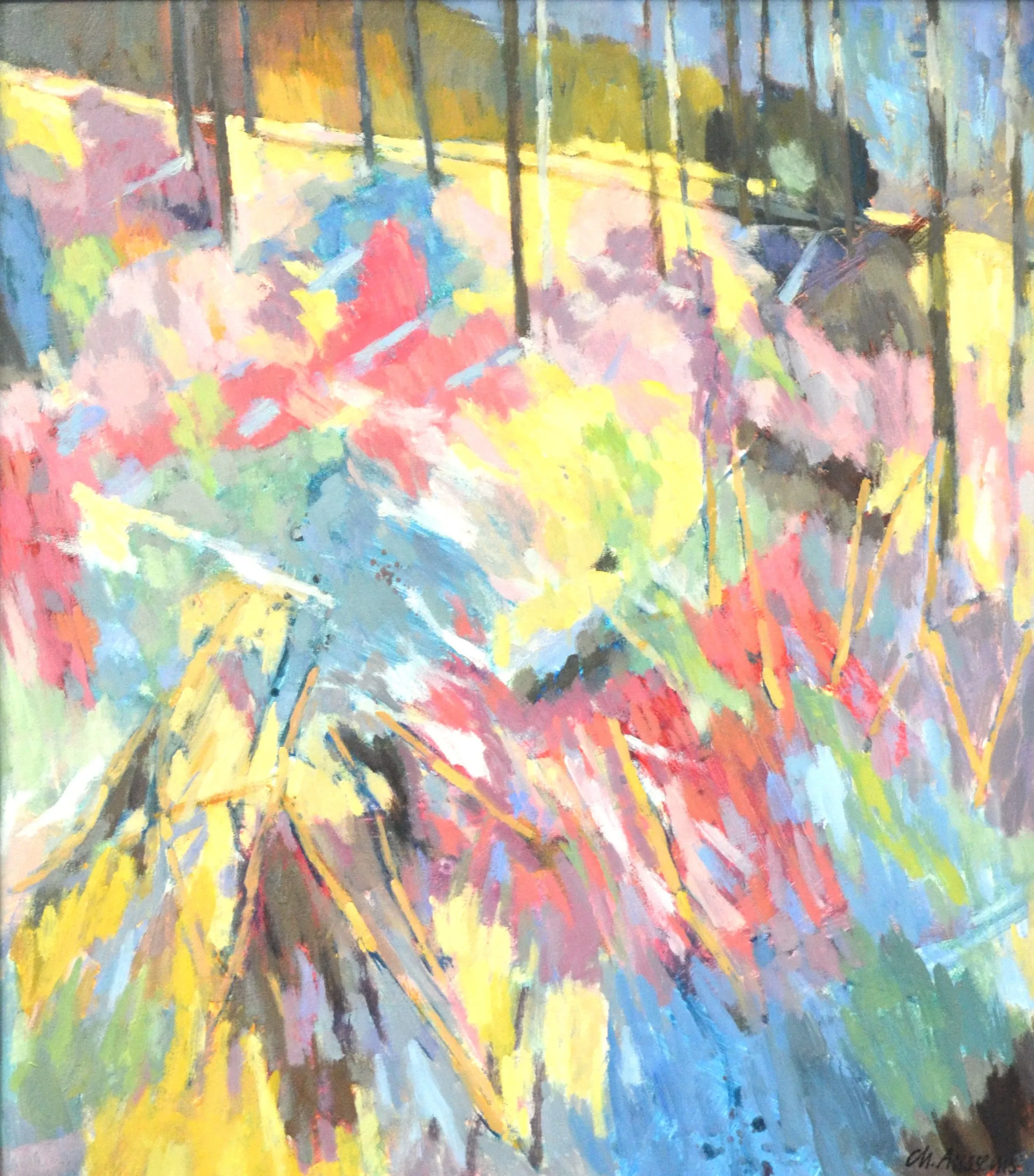 Abstract impressionist painting using bold brush strokes in yellow, pink, blue, and green.