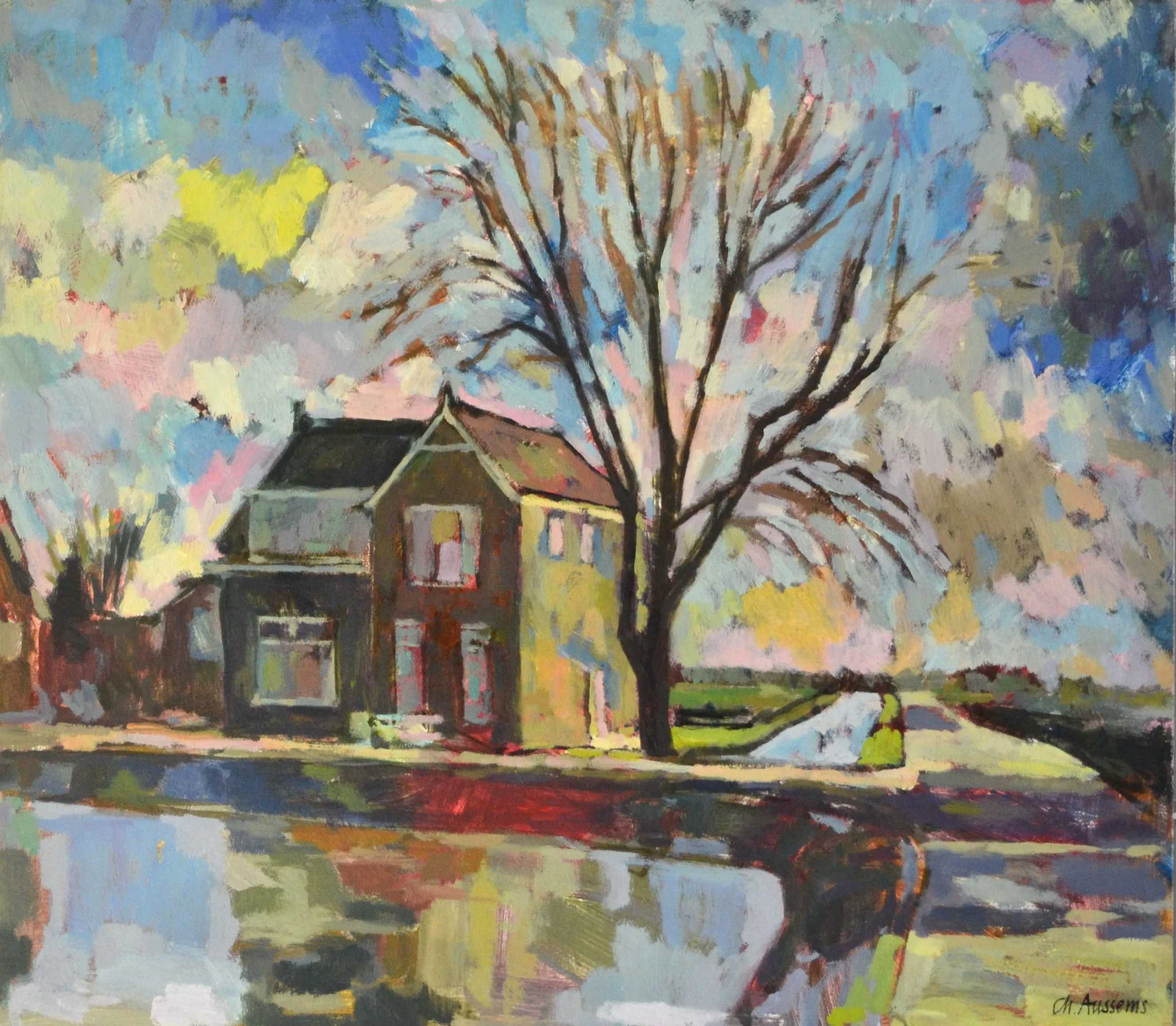 Impressionistic painting of a house beside a leafless tree with a colorful sky and reflections on water in the foreground.