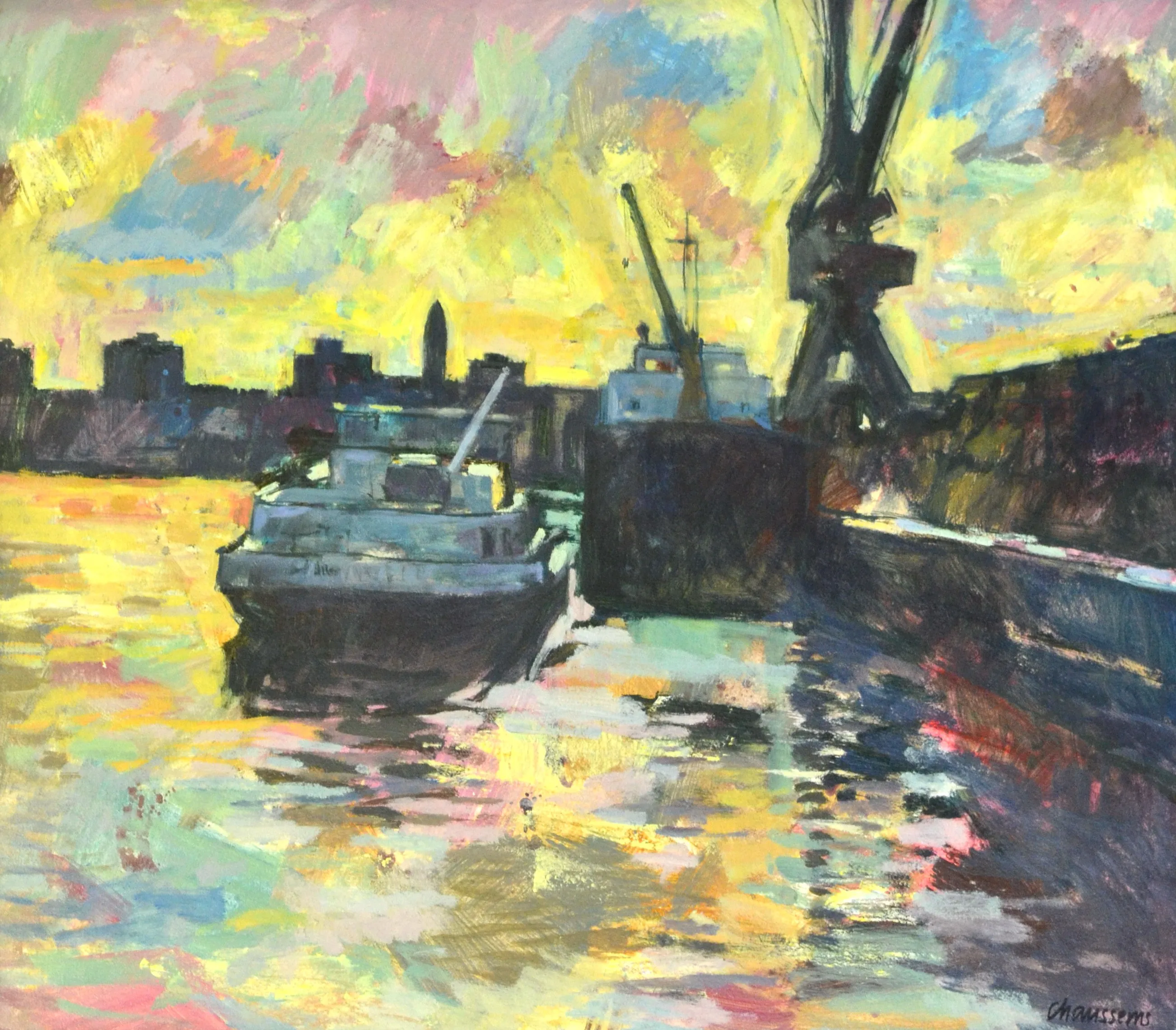 Impressionist painting of boats docked near a harbor with a colorful, vibrant sky and water reflections.