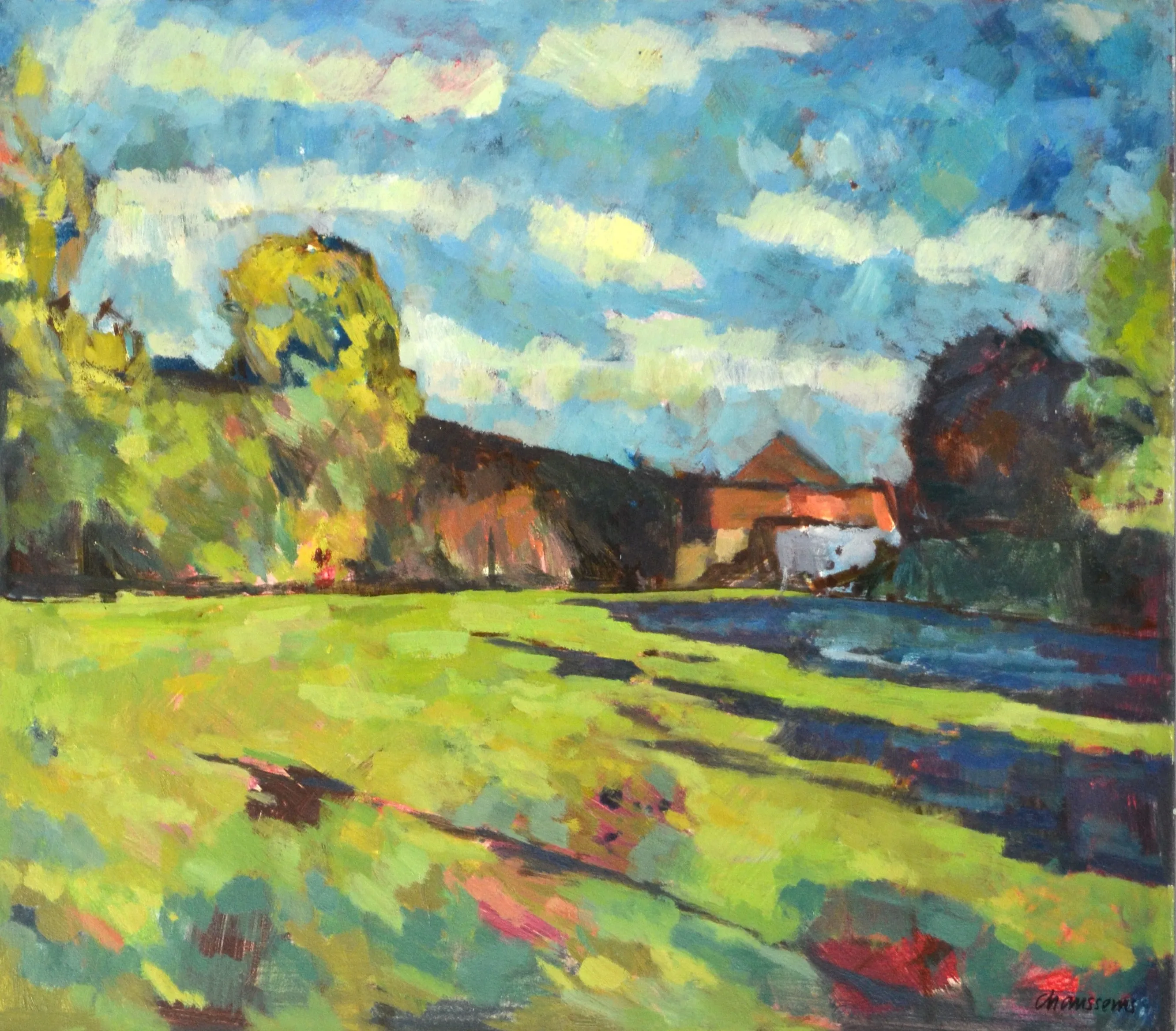 Impressionist painting of a sunlit green meadow with large trees and a small building under a partly cloudy blue sky.