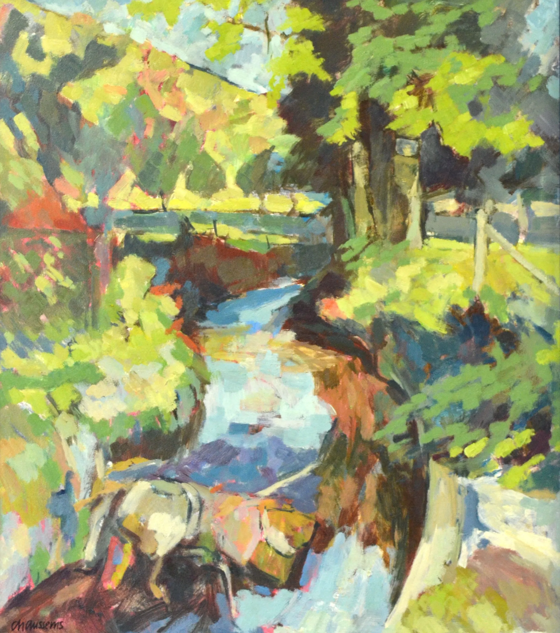 Impressionist painting of a river landscape with trees, green foliage, and a cow near the water's edge.