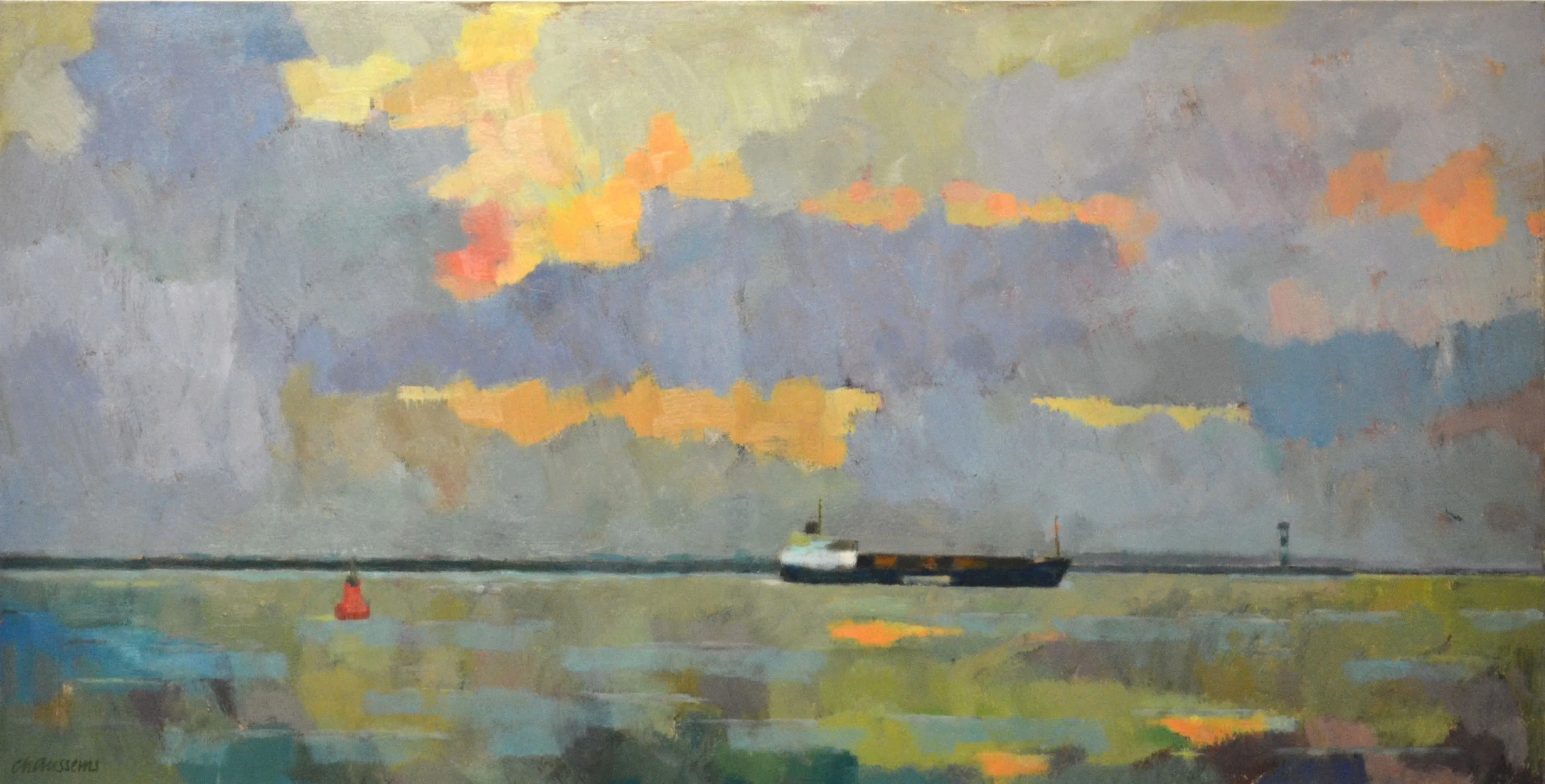 Impressionist painting of a ship sailing on calm water under a cloudy sky with patches of orange and yellow light.