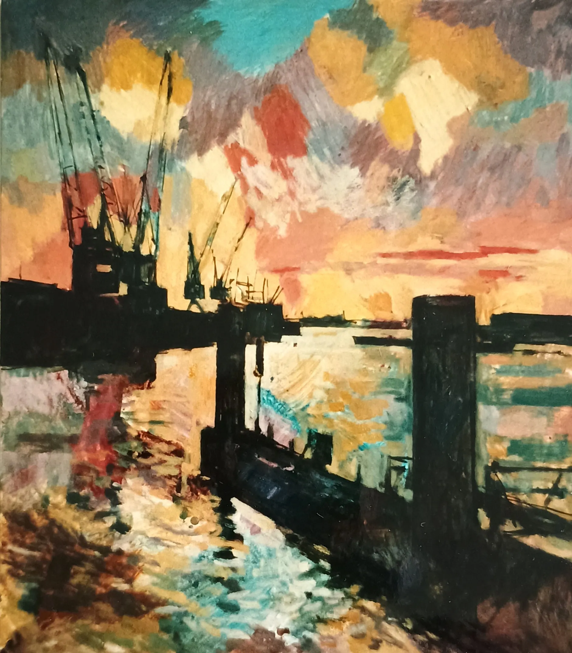 Impressionist painting of a harbor at sunset with cranes silhouetted against a colorful sky and reflective water.