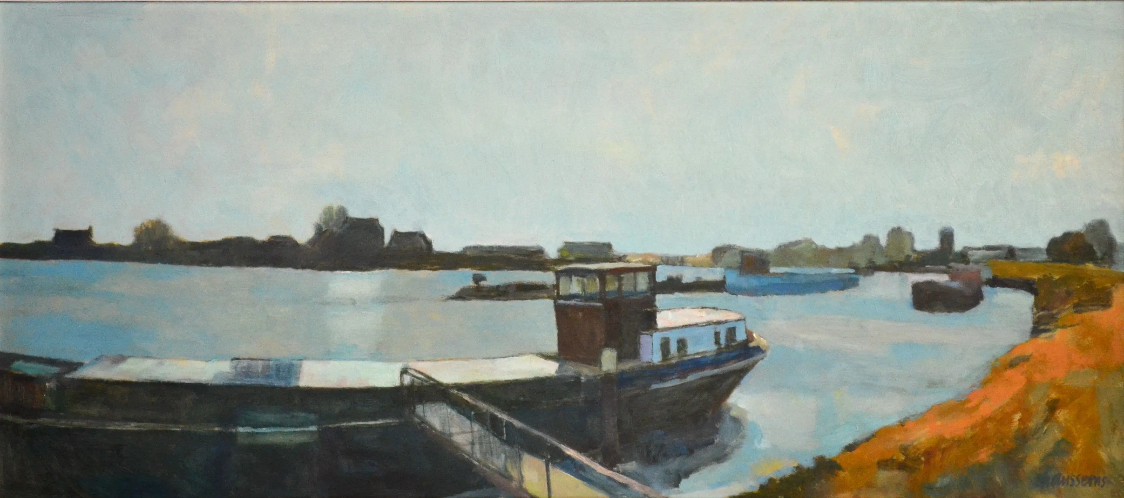 Painting of a river with moored boats and distant buildings under a pale sky.