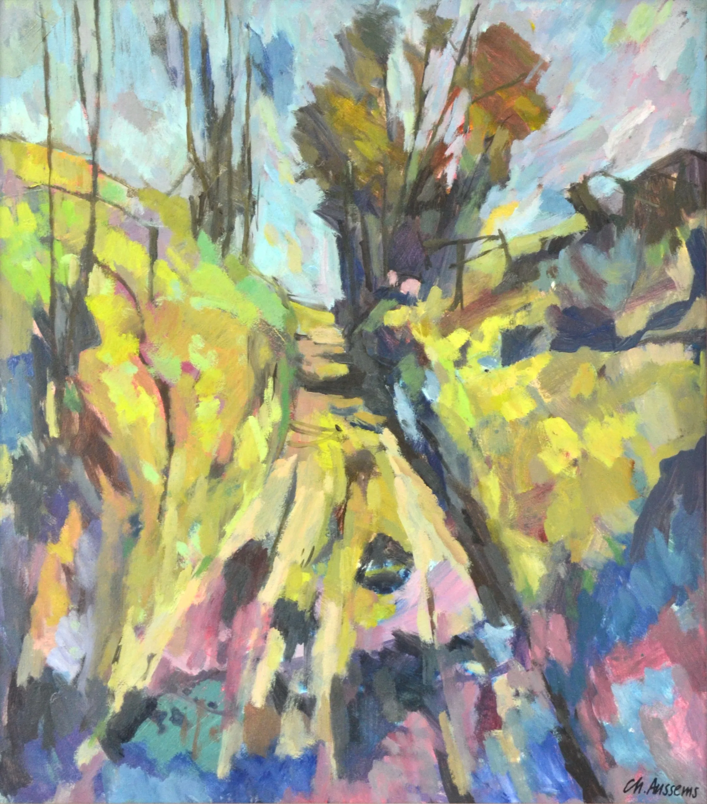 Abstract impressionist painting of a pathway surrounded by trees and vibrant foliage in yellows, blues, and purples.