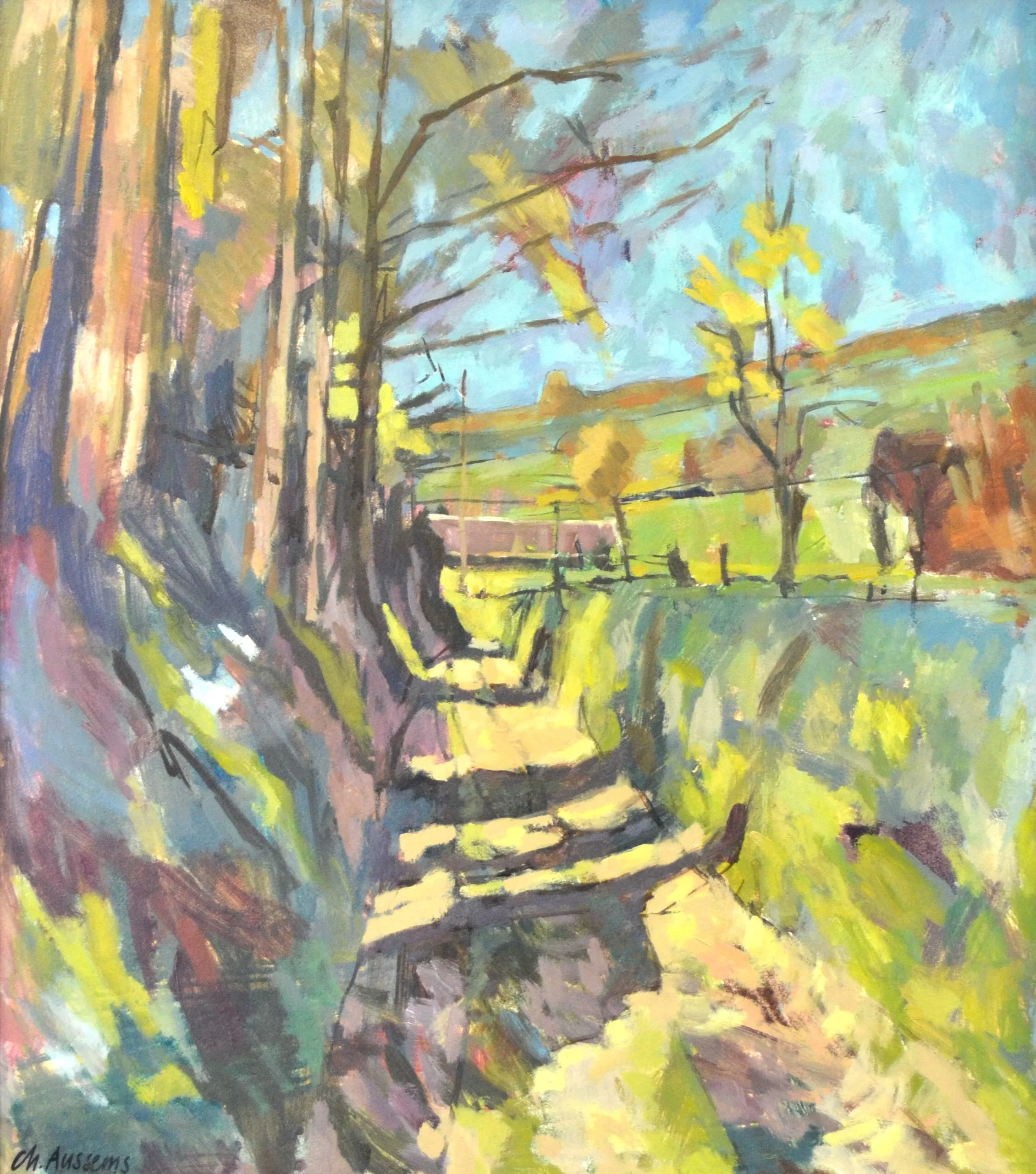 Impressionist painting of a sunlit forest path with tall trees casting shadows and a bright landscape in the background.