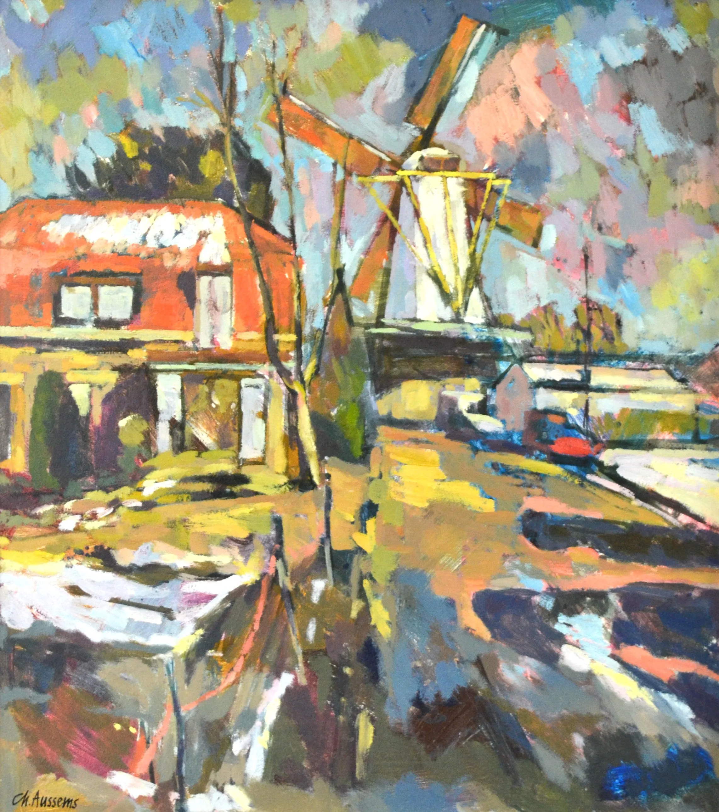 Impressionist painting of a Dutch windmill near a red-roofed house beside a canal with boat reflections.