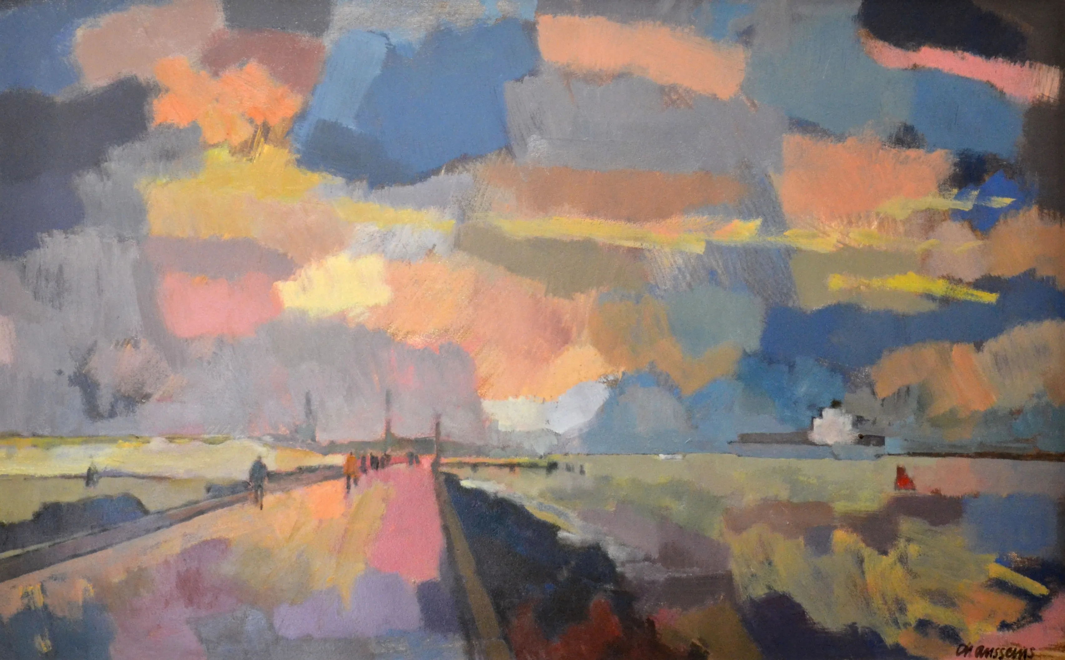 Abstract impressionist painting of a pier with several figures under a colorful, dramatic sky at sunset.