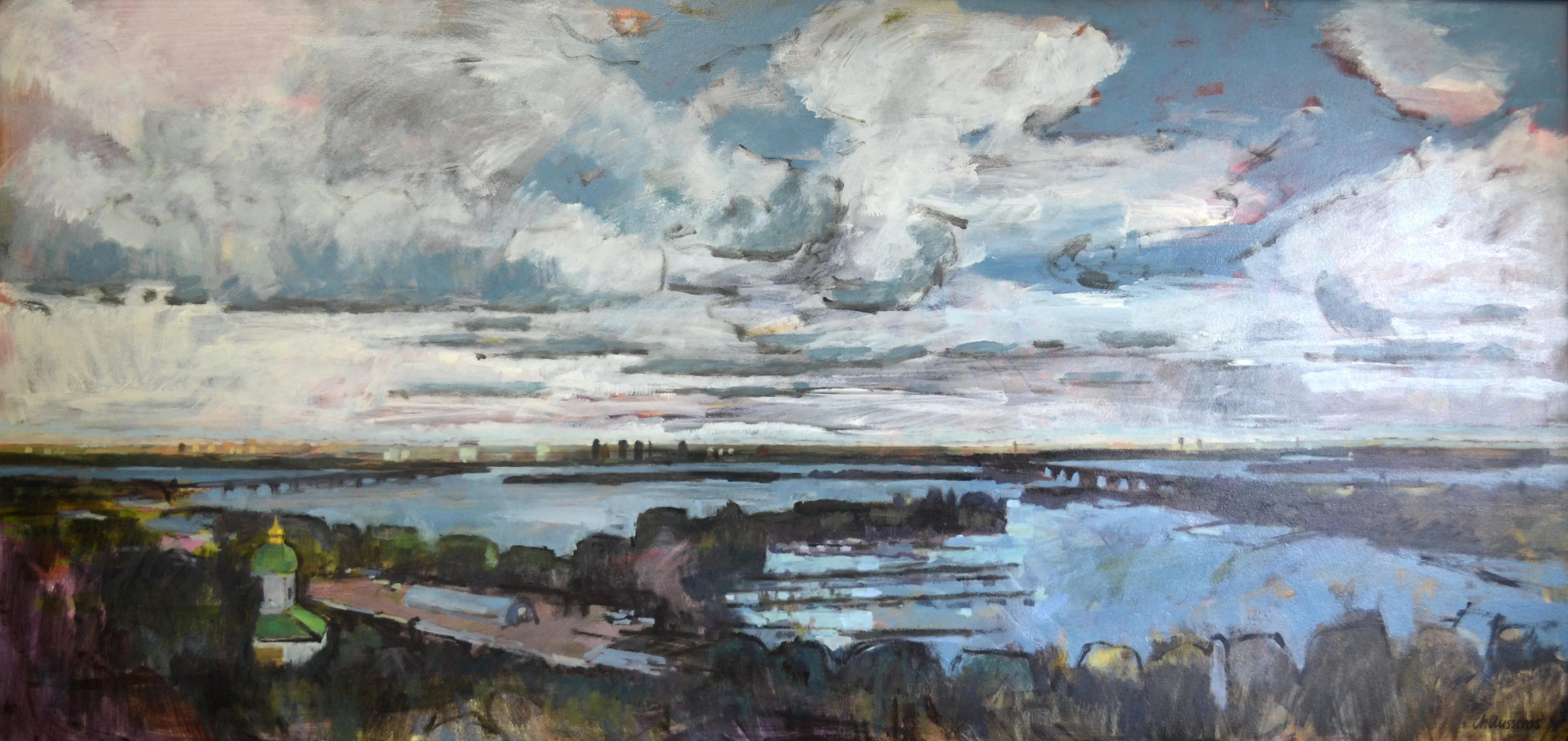 Painting of a wide river landscape with cloudy sky and a building with a green dome in the foreground.