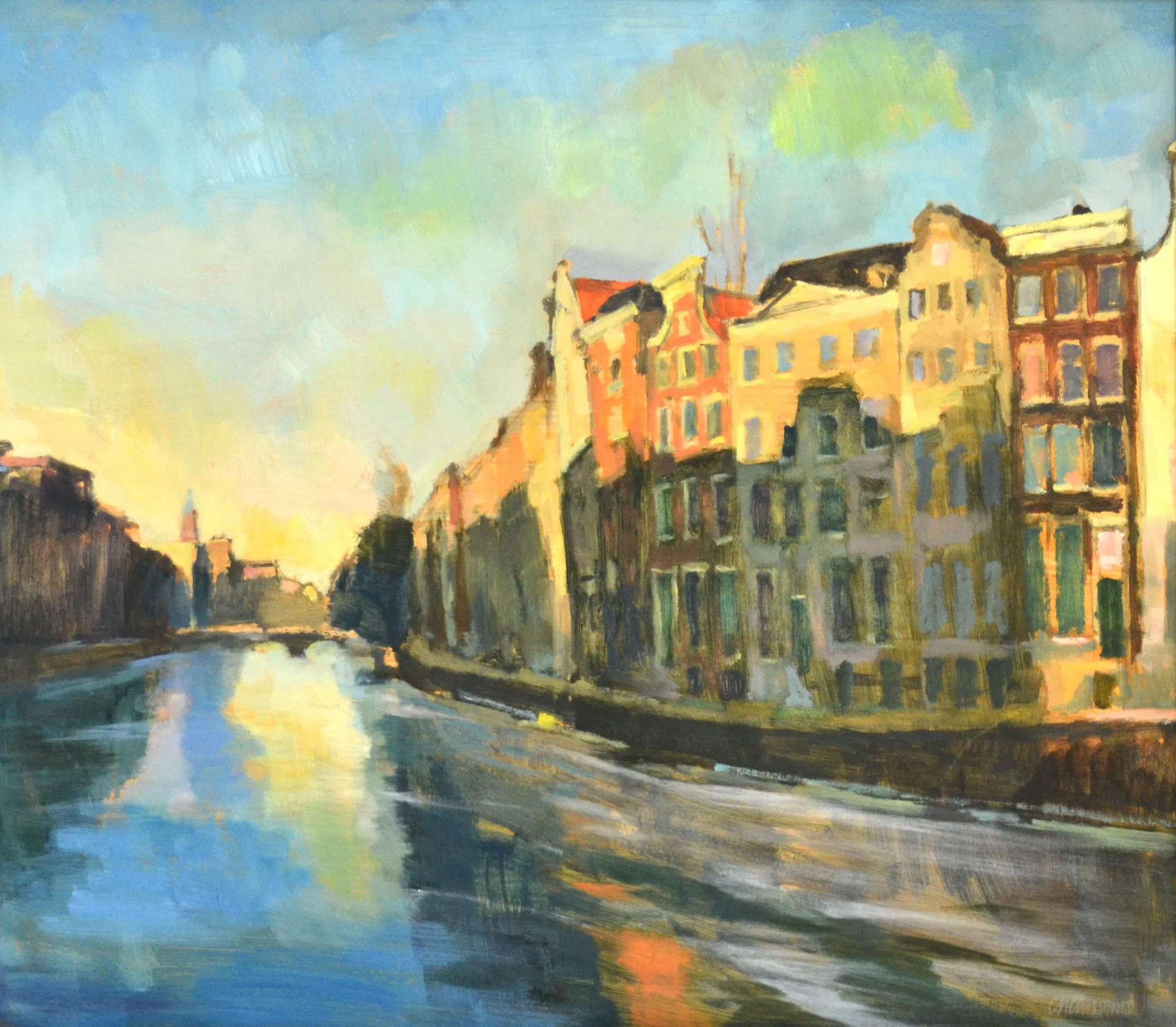 Painting of a canal with sunlight reflecting on water and old buildings along its edge at sunset.
